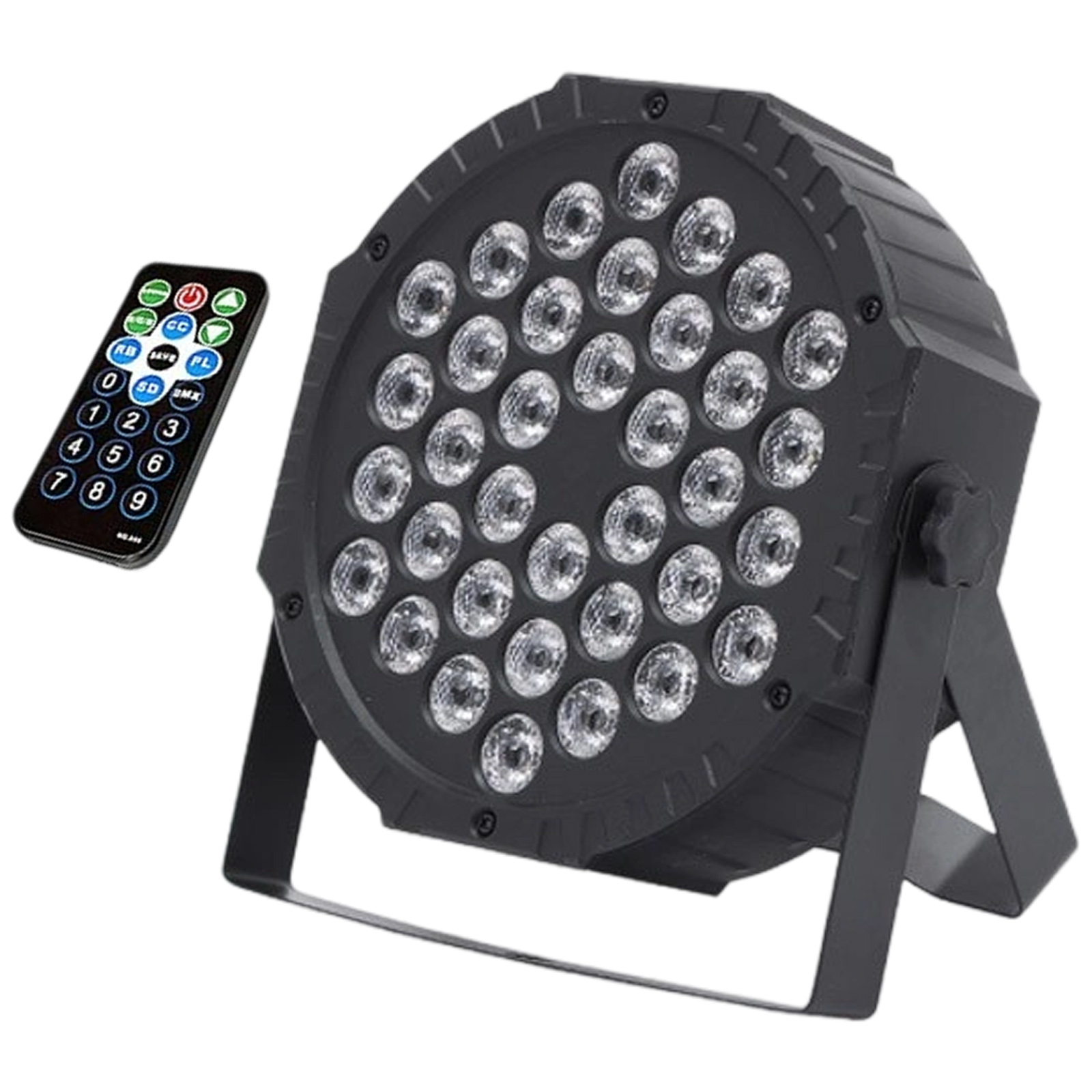Schwarzes Bühnenlicht mit vielen LEDs und einer Fernbedienung auf weißem Hintergrund.