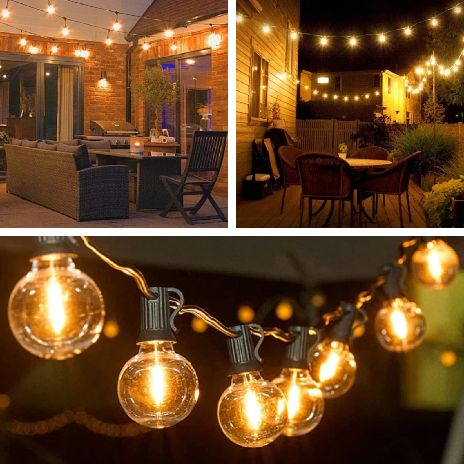 Lichterketten im Freien, die eine Terrasse und ein Haus beleuchten, mit Nahaufnahme der Glühbirnen.