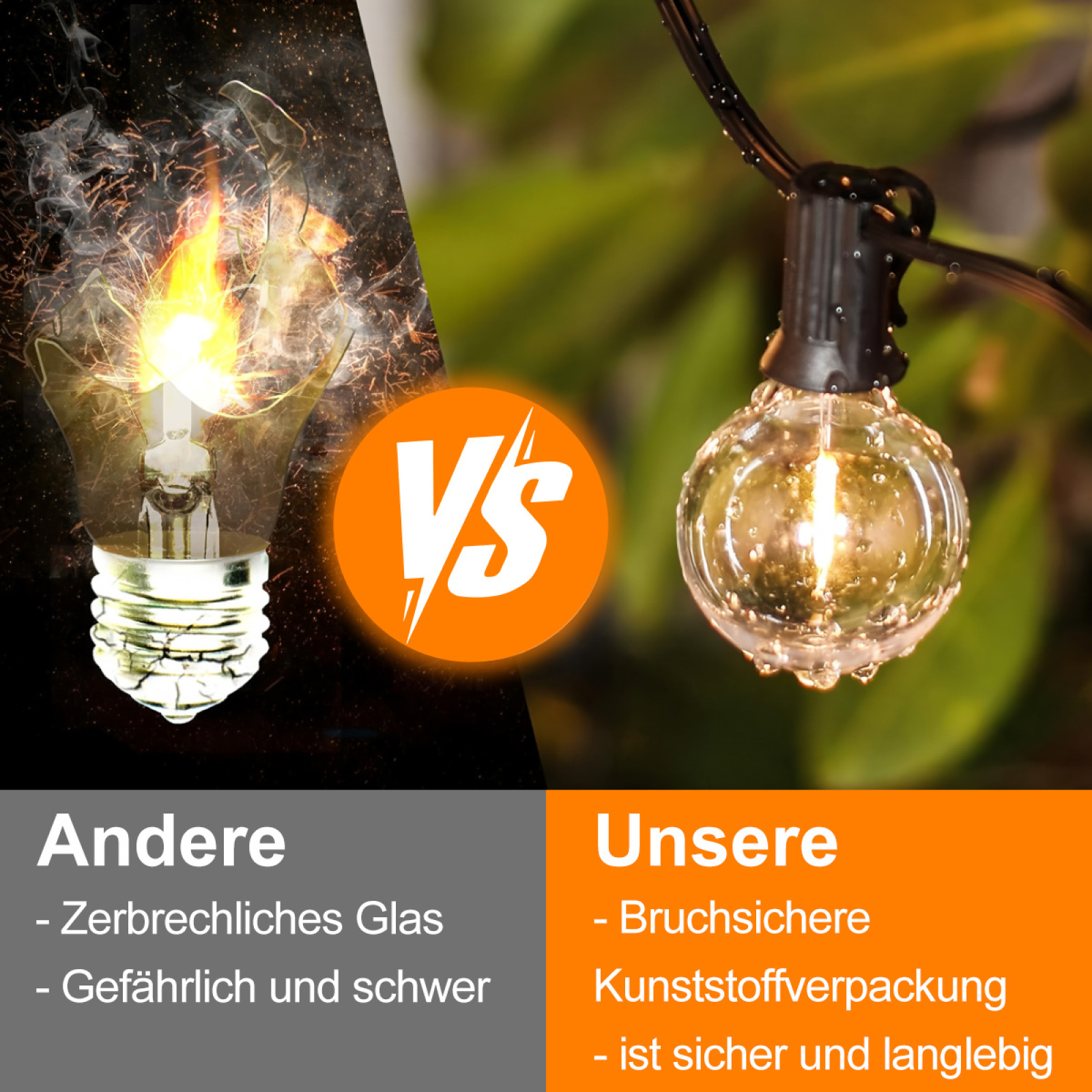 Bildvergleich: zerbrechliche Glühbirne vs. haltbare Kunststoff-Glühbirne. Text beschriftet sie.