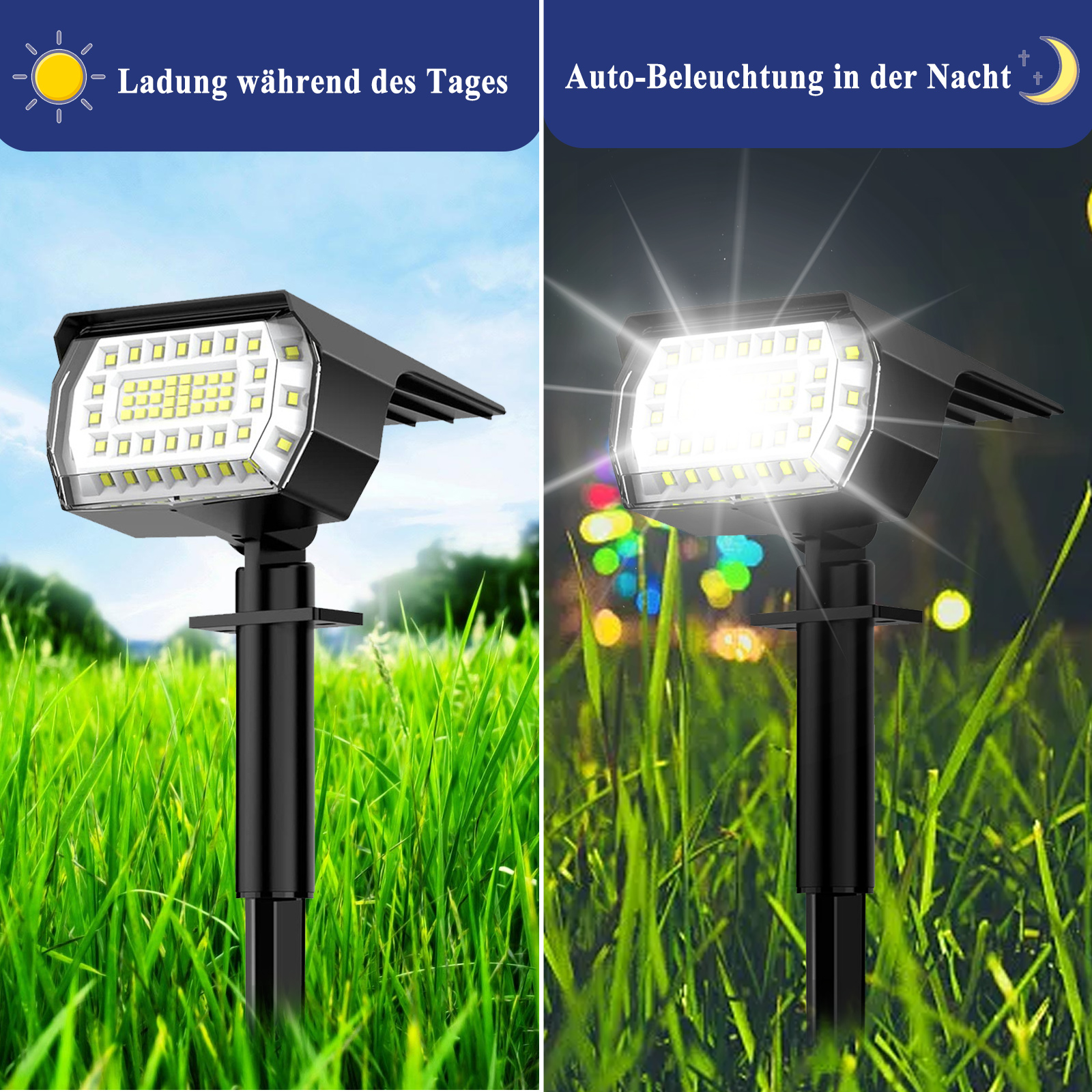 Solar-Gartenleuchte, die sich tagsüber auflädt und nachts im grünen Gras leuchtet.