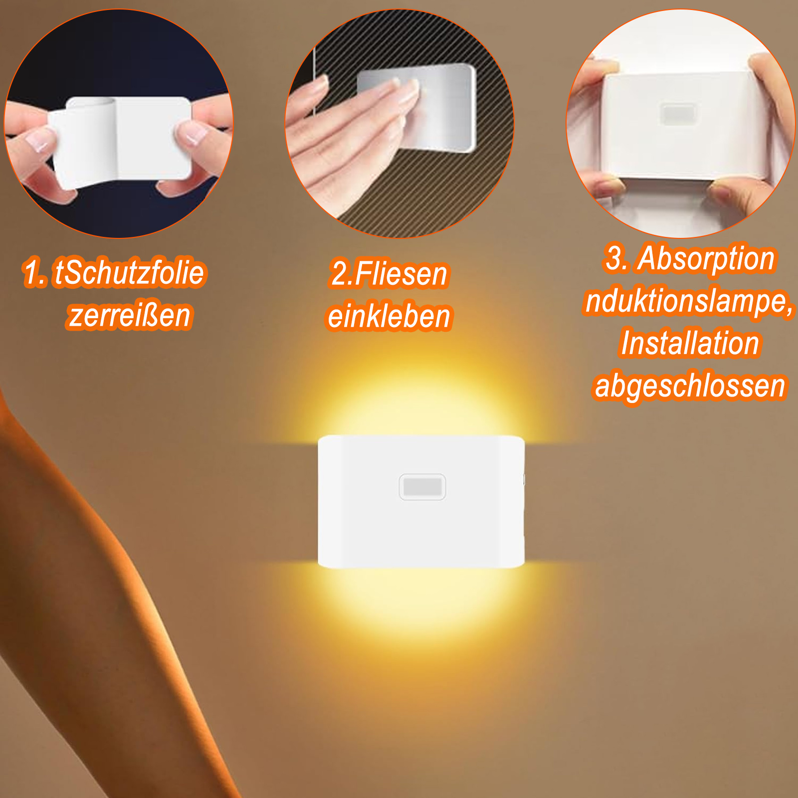 Anweisungen zur Installation eines weißen Lichts, mit den Schritten 1, 2 und 3 beschriftet.
