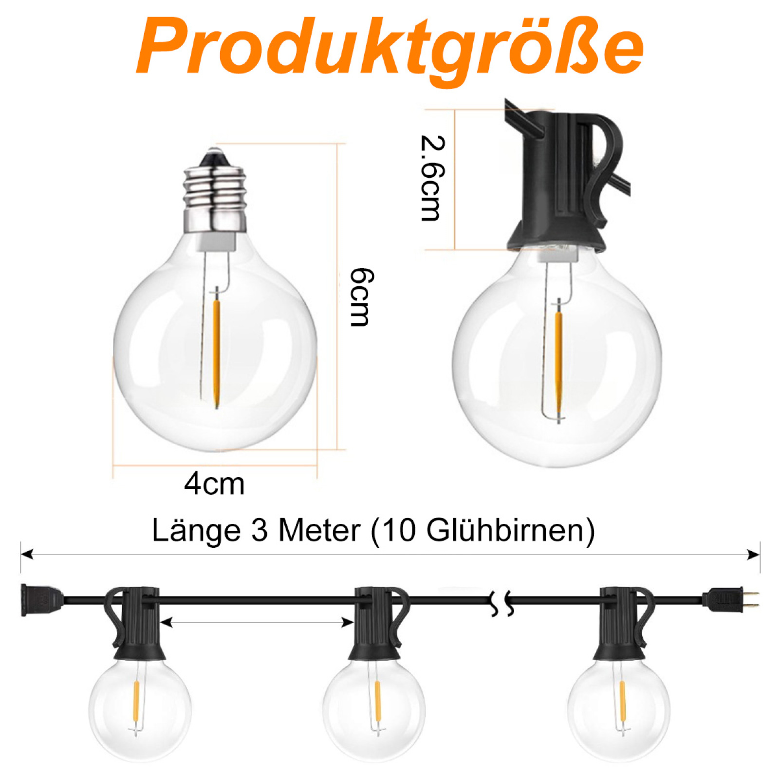 Diagramm einer Glühbirne mit Maßen. Die Glühbirne ist mit einer Lichterkette verbunden.