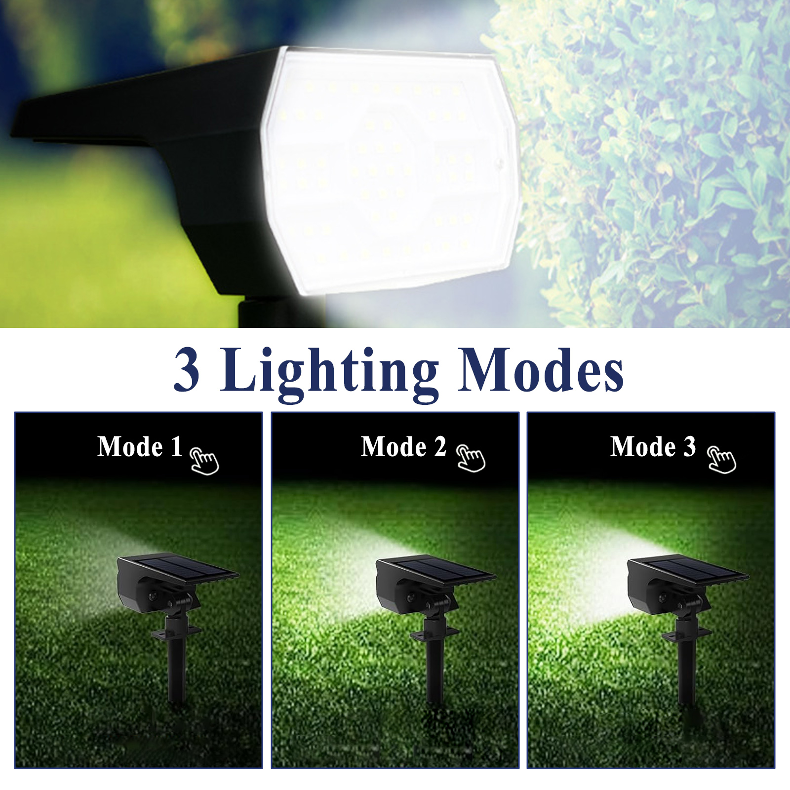 Solar-Gartenleuchte mit drei Beleuchtungsmodi. Jeder Modus hat ein anderes Lichtmuster.