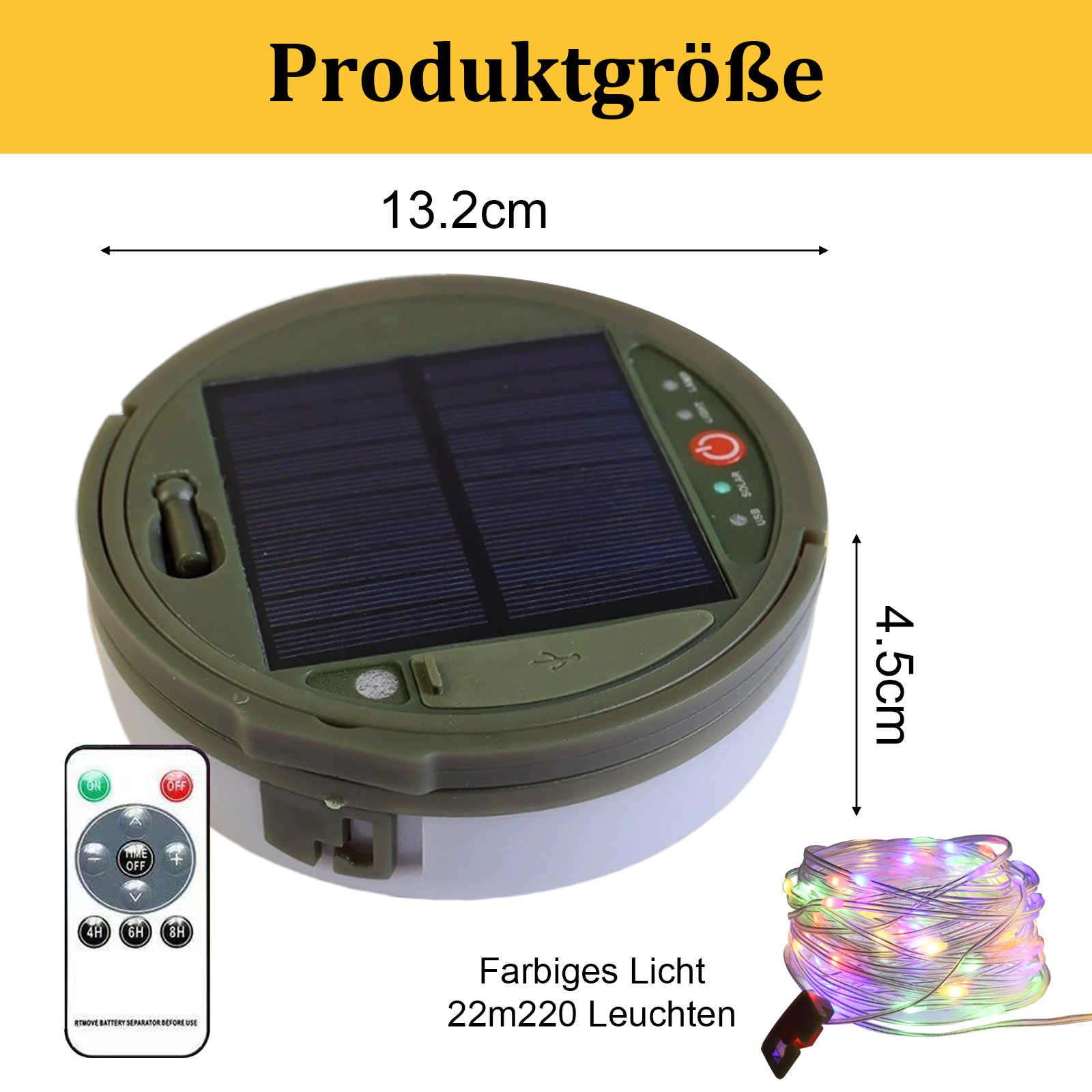 Eine solarbetriebene Leuchte mit Fernbedienung und bunter Lichterkette. Maße gezeigt.