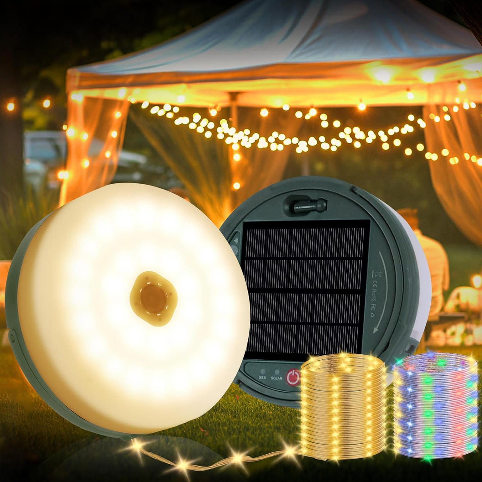 Eine solarbetriebene Leuchte mit Solarpanel. Eine Lichterkette mit warmweißem und mehrfarbigem Licht.