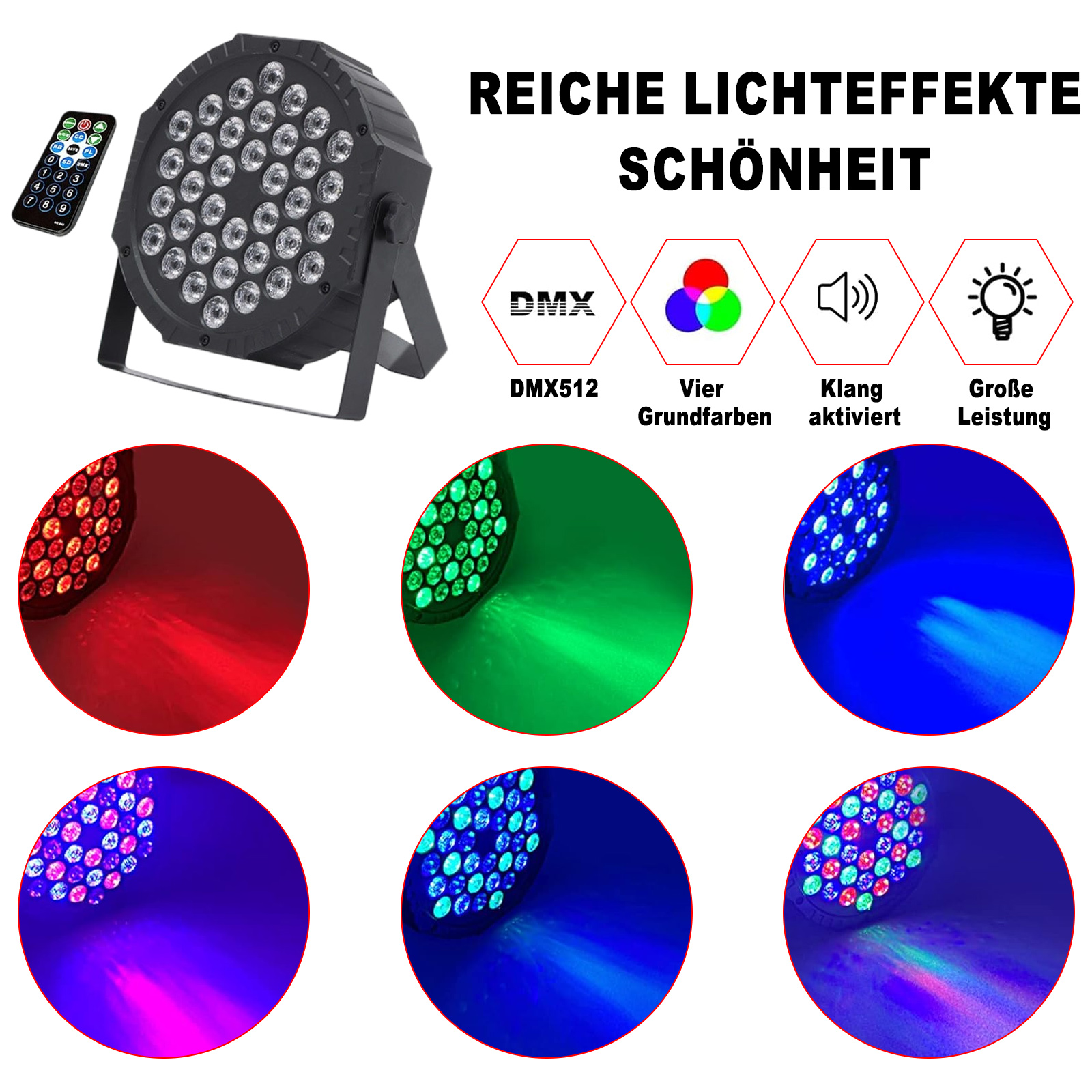 Eine Bühnenbeleuchtung mit verschiedenen farbigen Strahlen und Effekten. Fernbedienung links.