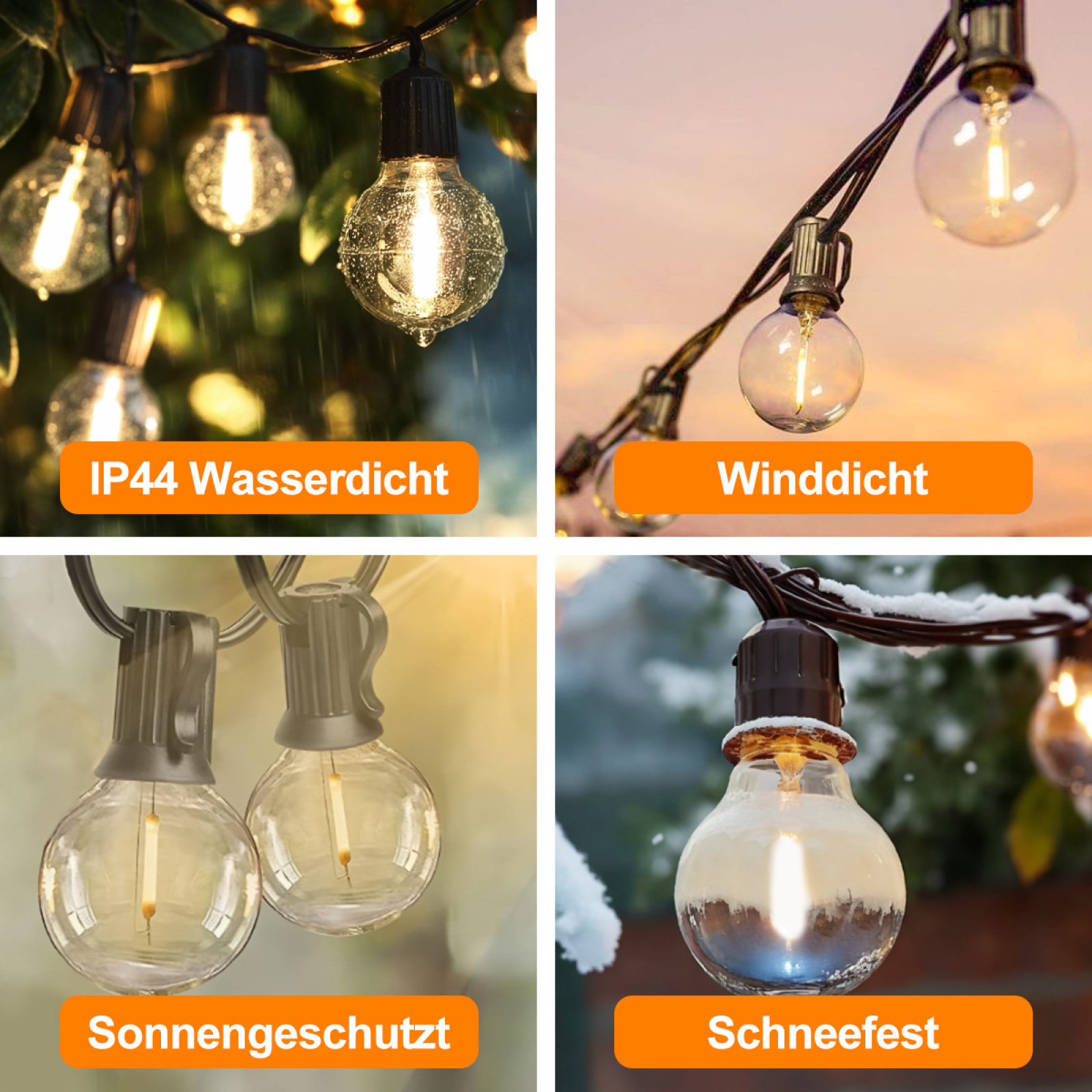 Vier Bilder mit verschiedenen Arten von Outdoor-Lichterketten mit Labels wie 'wasserdicht'.