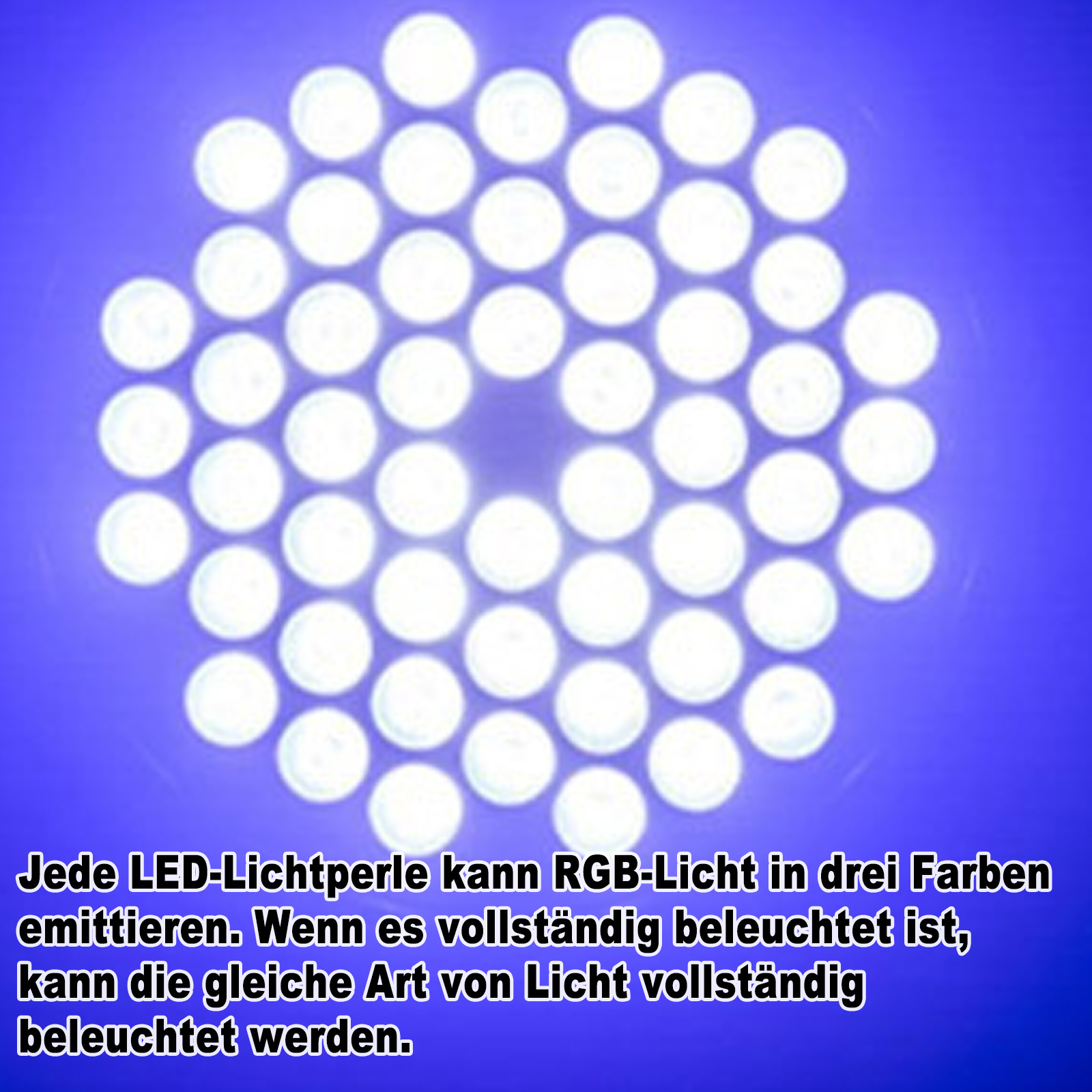 Nahaufnahme vieler kleiner weißer Lichter auf blauem Grund. Deutscher Text besagt, dass sie RGB-Licht aussenden.