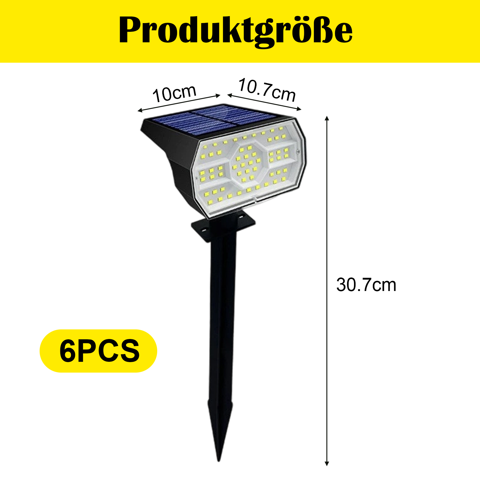 Eine schwarze solarbetriebene Gartenleuchte mit rechteckigem Lichtpanel. Abmessungen sind angegeben.