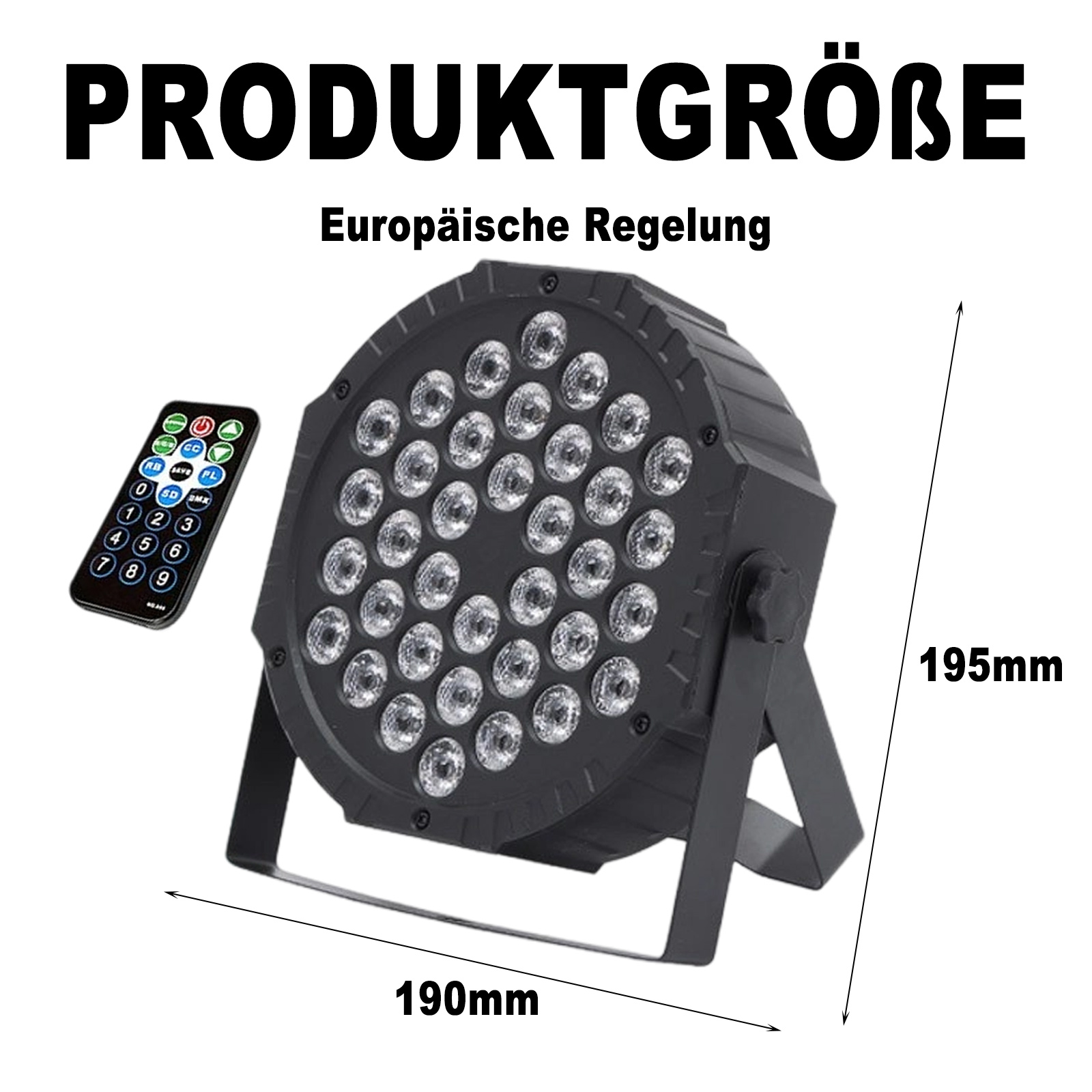 Ein rundes Bühnenlicht mit vielen kleinen Lichtern. Abmessungen und Fernbedienung sind angezeigt.