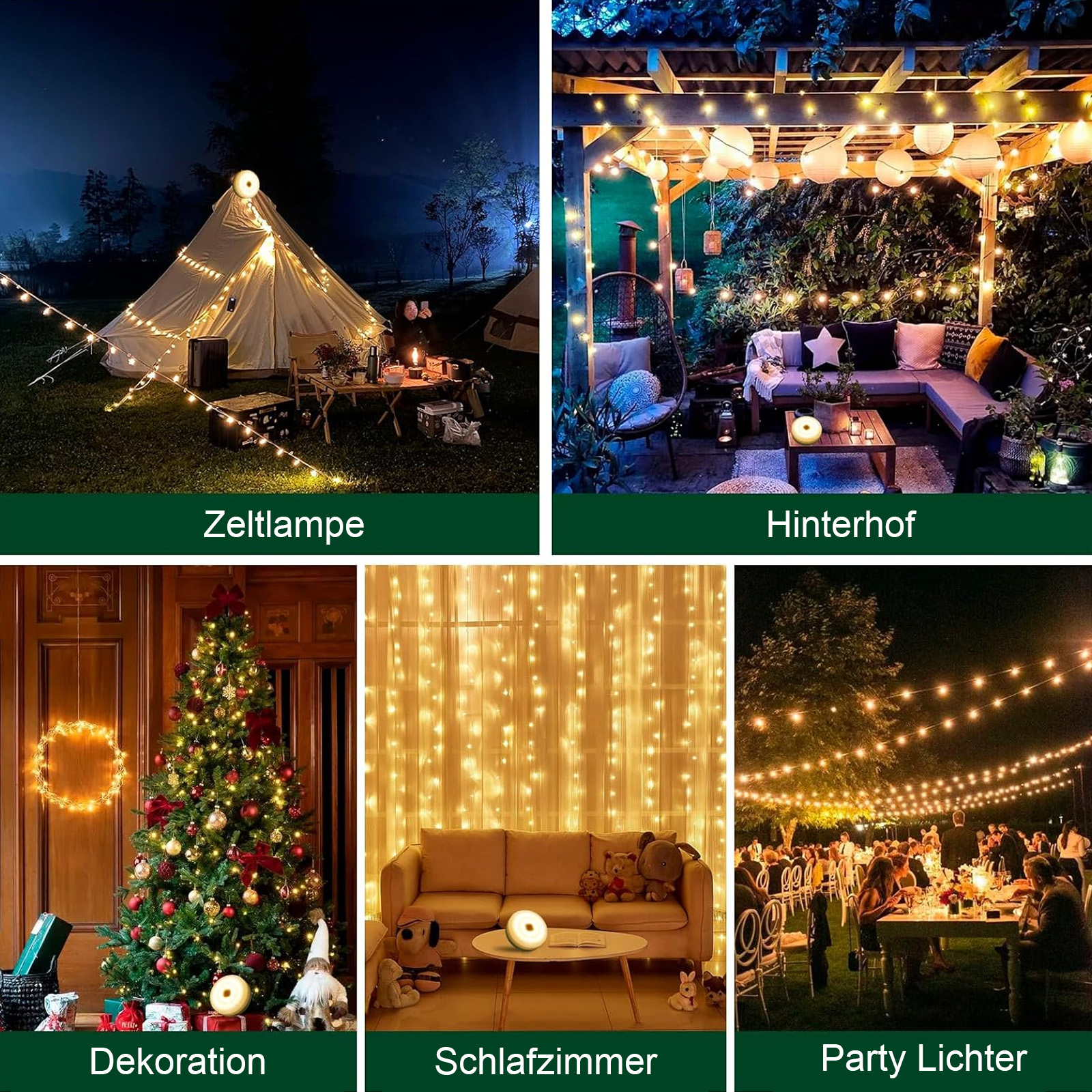 Verschiedene Szenen mit Lichterketten: Zelt, Hinterhof, Baum, Schlafzimmer, Party.