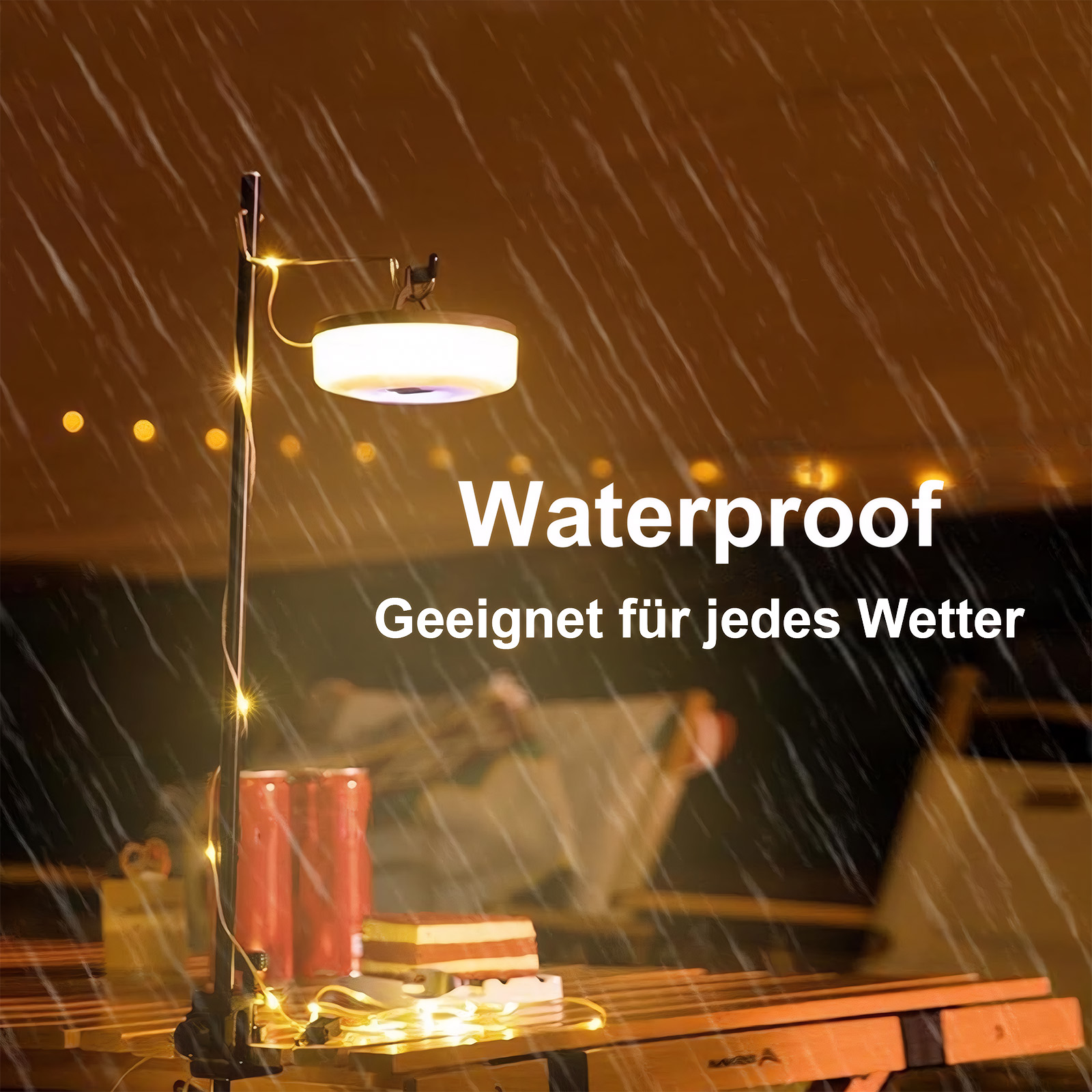 Wasserdichte Campinglampe mit Lichtern, für alle Wetterbedingungen geeignet.