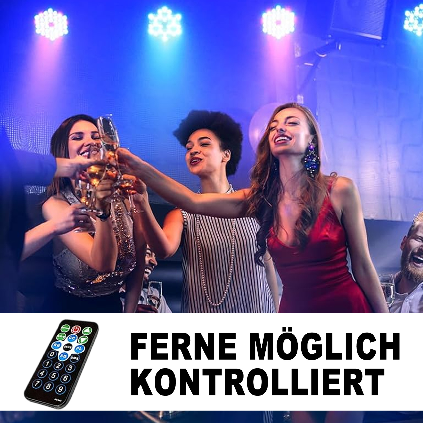 Drei Frauen stoßen mit Champagner an, eine Fernbedienung im Vordergrund, mit Bühnenlicht.