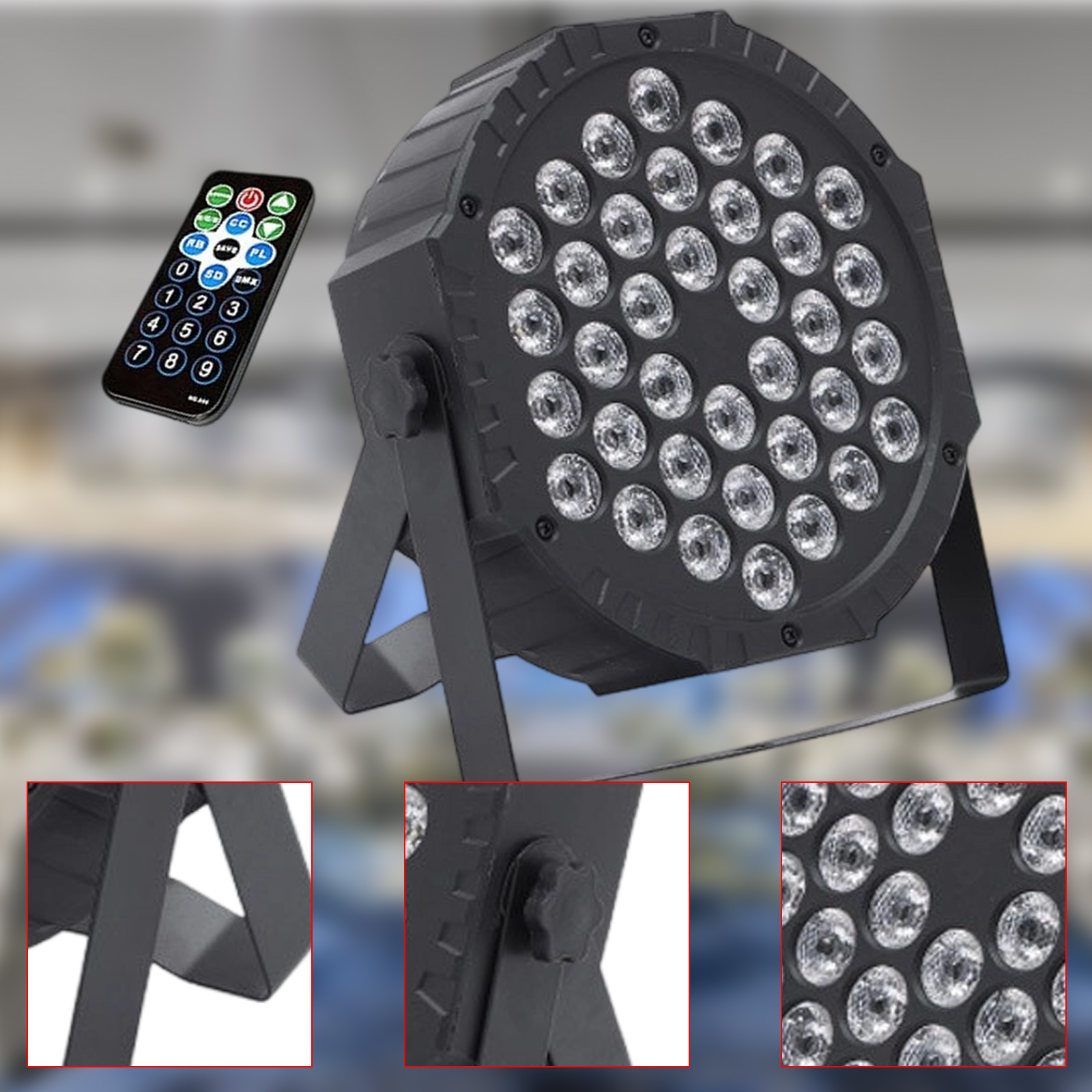 Schwarzes Bühnenlicht mit vielen hellen LEDs und einer Fernbedienung.