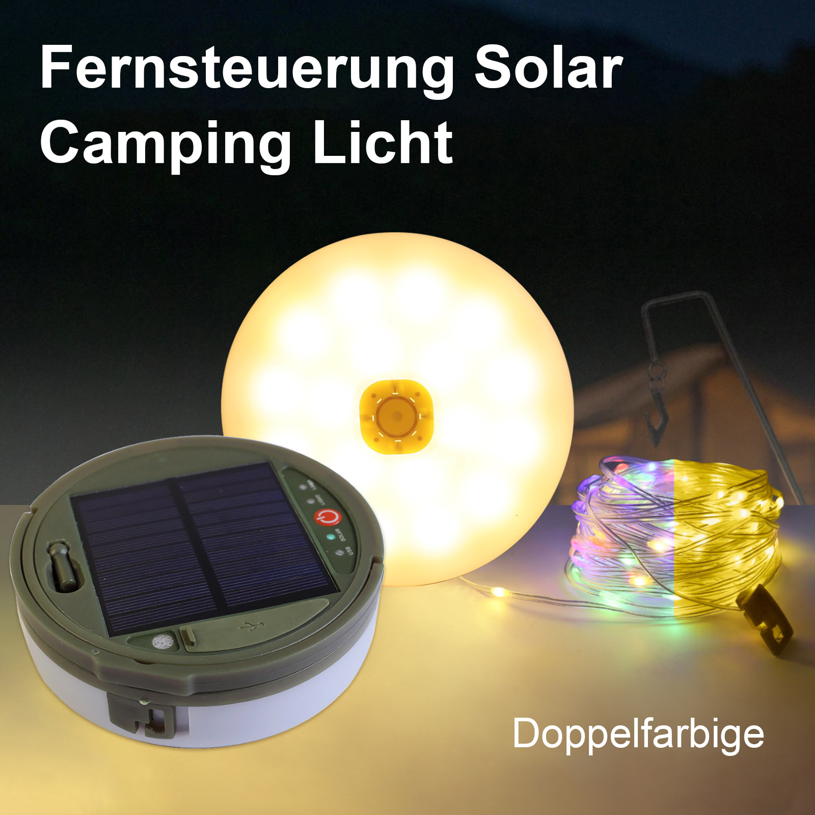 Solar-Campinglampen mit Fernbedienung und bunten Lichterketten.