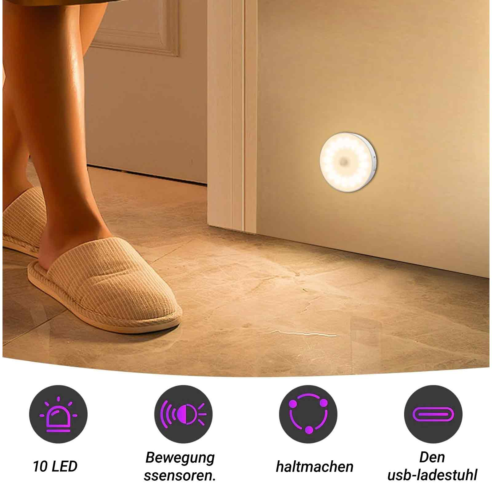 Ein kleines, rundes, weißes LED-Licht an einer Wand. Es hat Bewegungssensoren und USB-Aufladung.