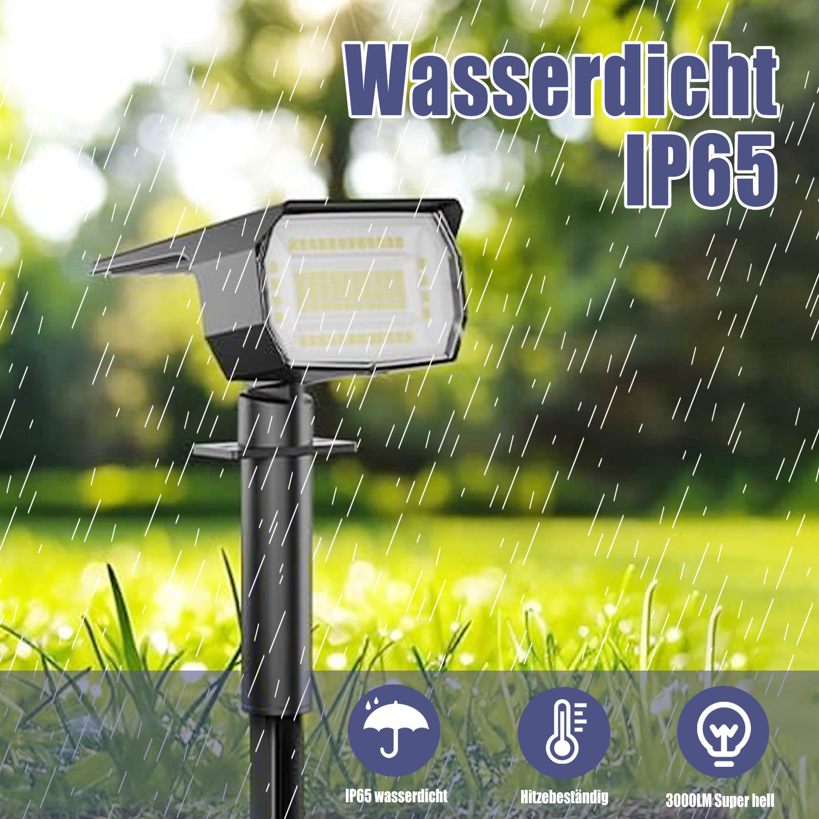 Wasserdichte Solar-Gartenleuchte mit IP65-Zertifizierung. Zeigt Schirm, Thermometer, Lichtsymbole.