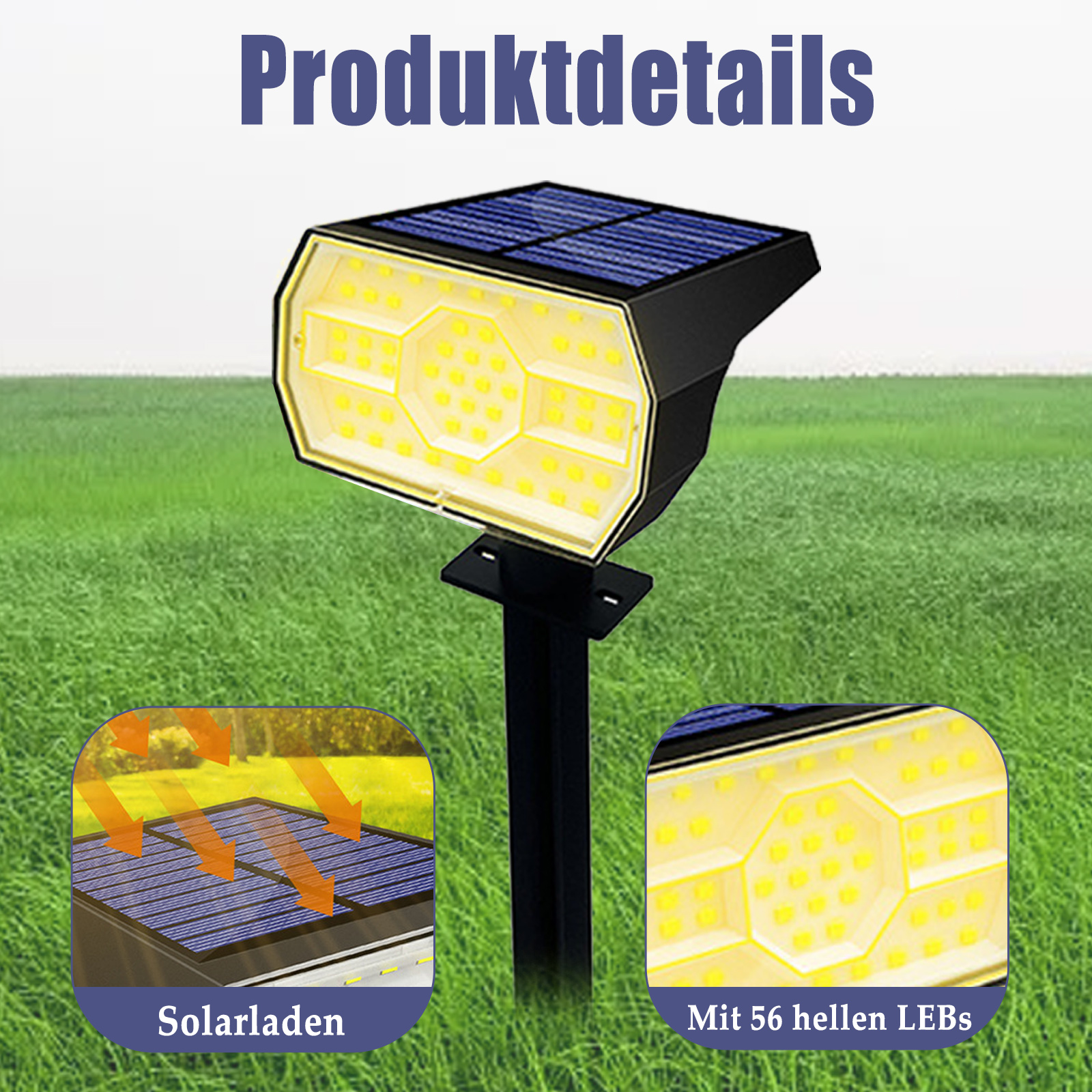 Nahaufnahme einer Solar-Gartenleuchte mit Solarpanel und LED-Leuchten.