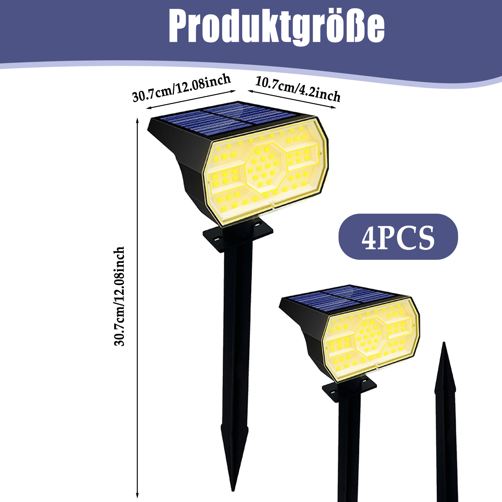 Produktgröße von Solar-Gartenleuchten mit Abmessungen und 4PCS-Label.