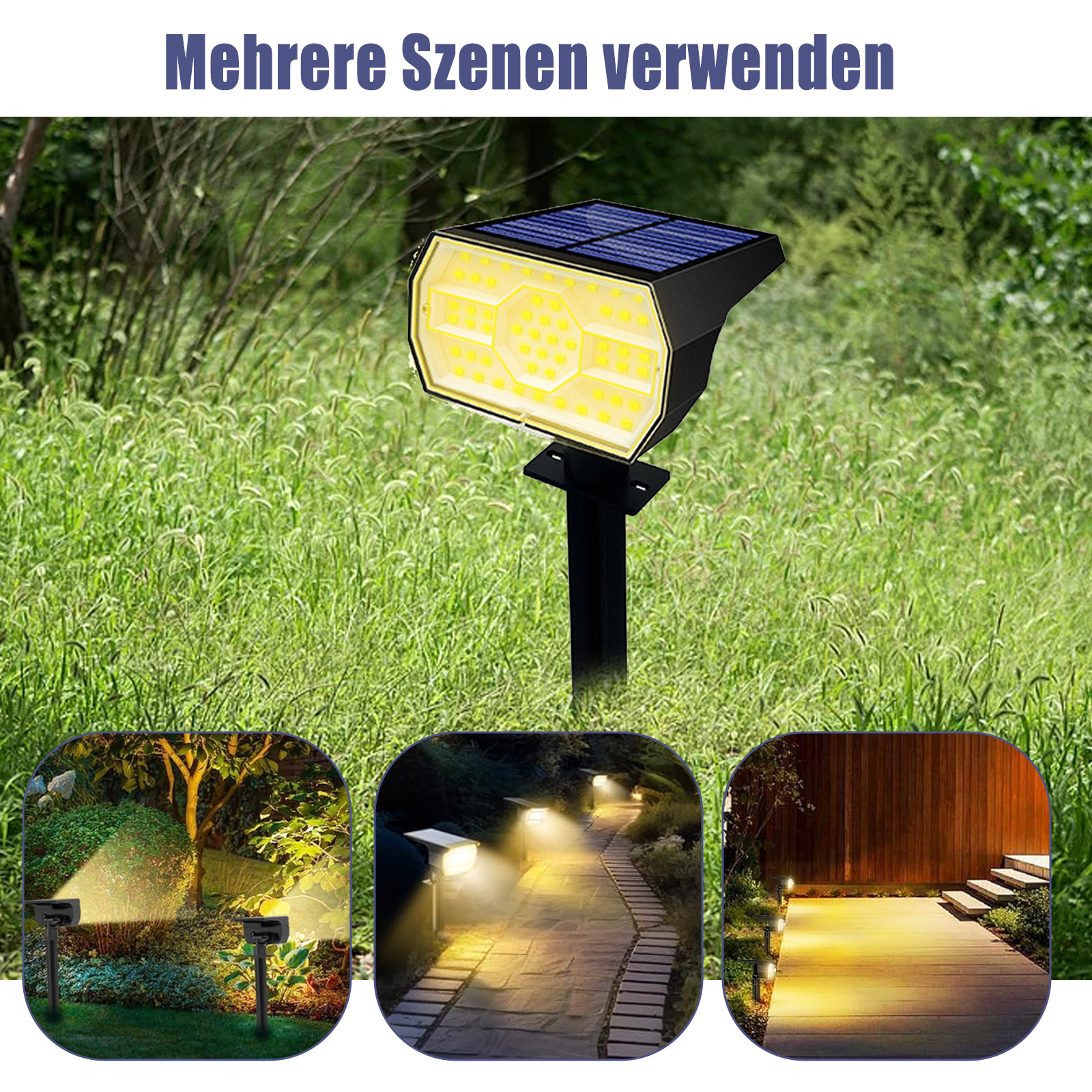 Solarbetriebene Außenleuchten in verschiedenen Szenen. Zeigt Lichter auf einem Weg, im Garten und am Haus.