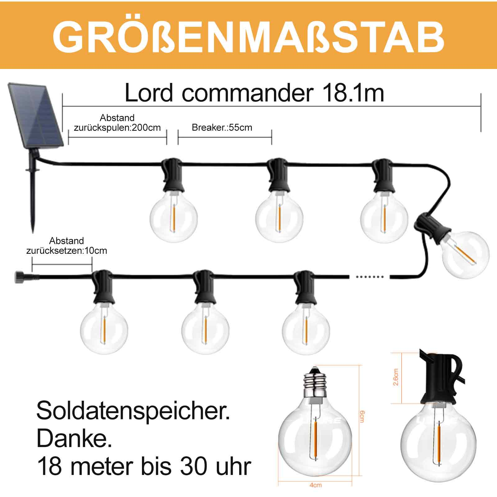 Diagramm von solarbetriebenen Lichterketten. Enthält Abmessungen der Lichter und des Solarpanels sowie Text.
