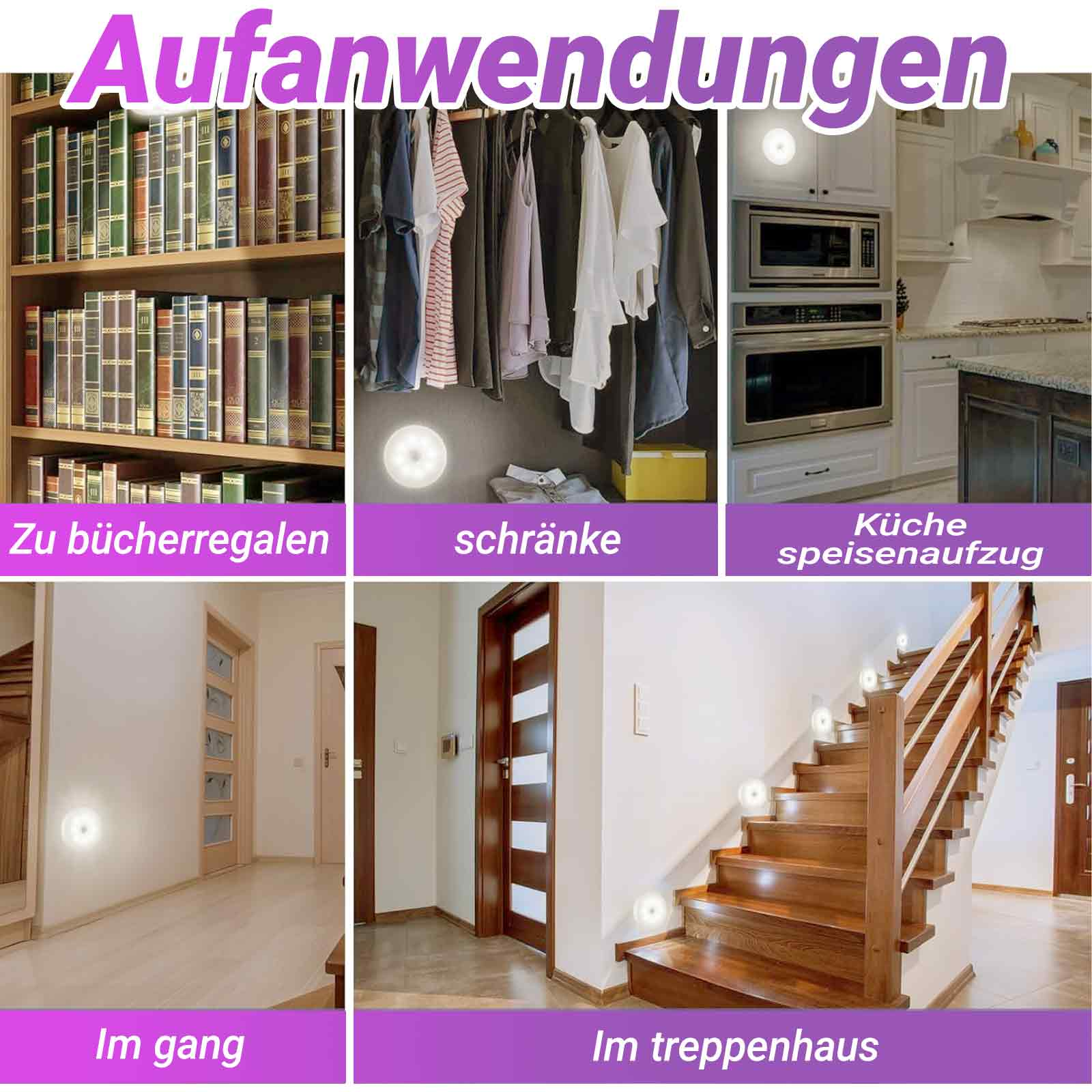 Leuchten, die an verschiedenen Orten verwendet werden: Bücherregale, Schränke, Küchen, Flure und Treppenhäuser.