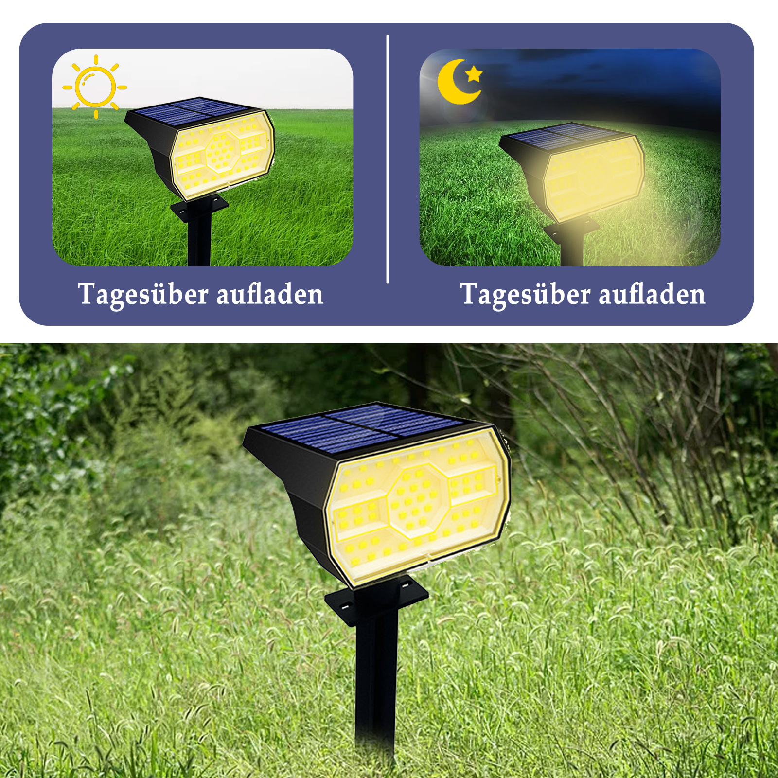 Solarbetriebene Außenleuchte. Zeigt das Aufladen bei Tageslicht und die Beleuchtung bei Nacht. Auf Rasen.