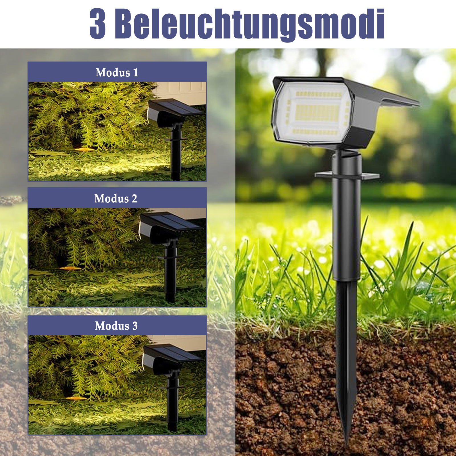 Drei Modi einer Solarleuchte. Zeigt Licht in verschiedenen Umgebungen auf dem Boden in einem grasbewachsenen Bereich.