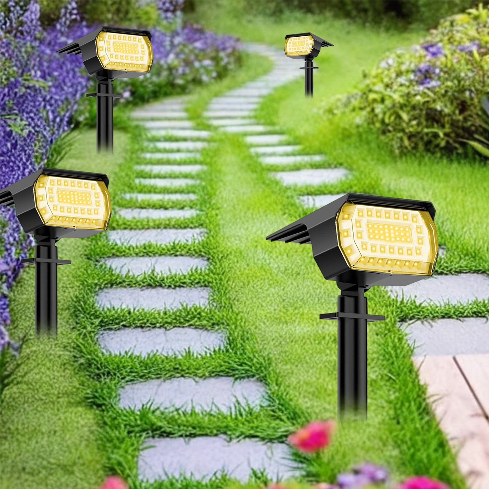 Vier Solar-Spots auf einem Gartenweg. Der Weg besteht aus Steinen, mit grünem Gras herum.