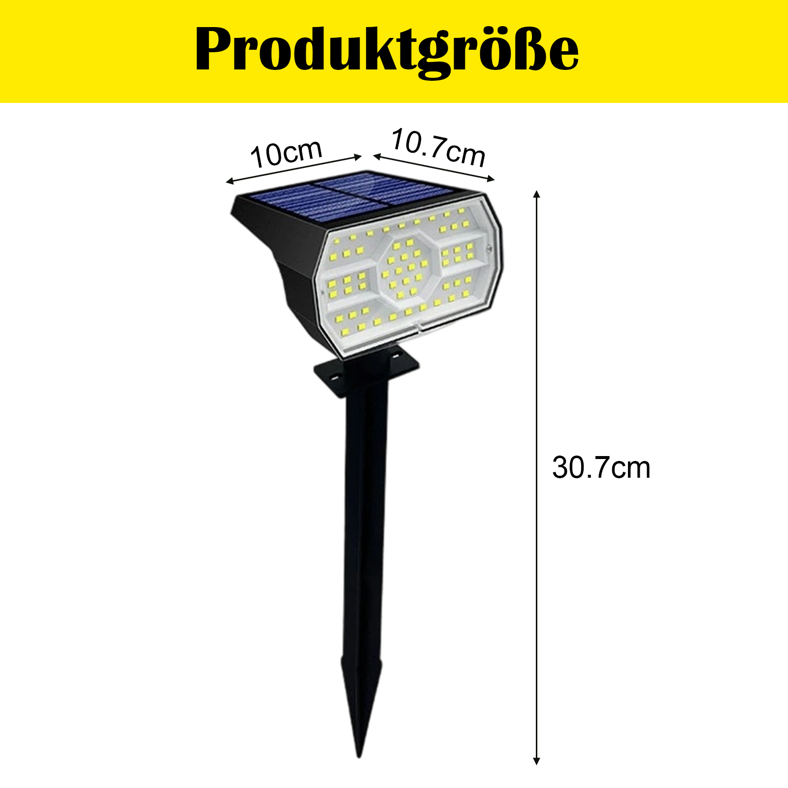 Das Bild zeigt ein Solarlicht. Die Abmessungen sind: 10cm x 10,7cm x 30,7cm.