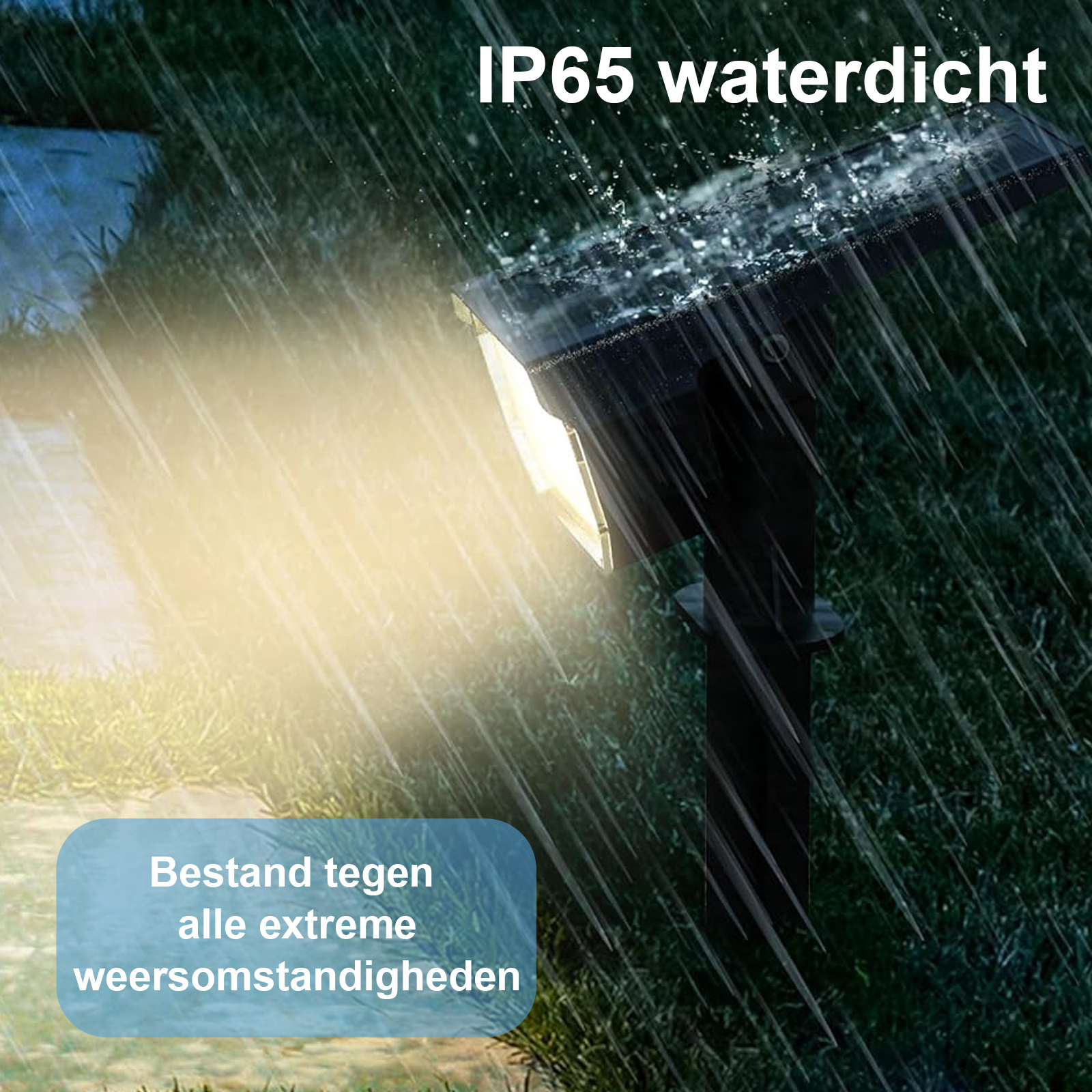 Ein Solar-Spotlight unter Regen. Der Text besagt, dass es wasserdicht ist und extremen Wetterbedingungen standhält.