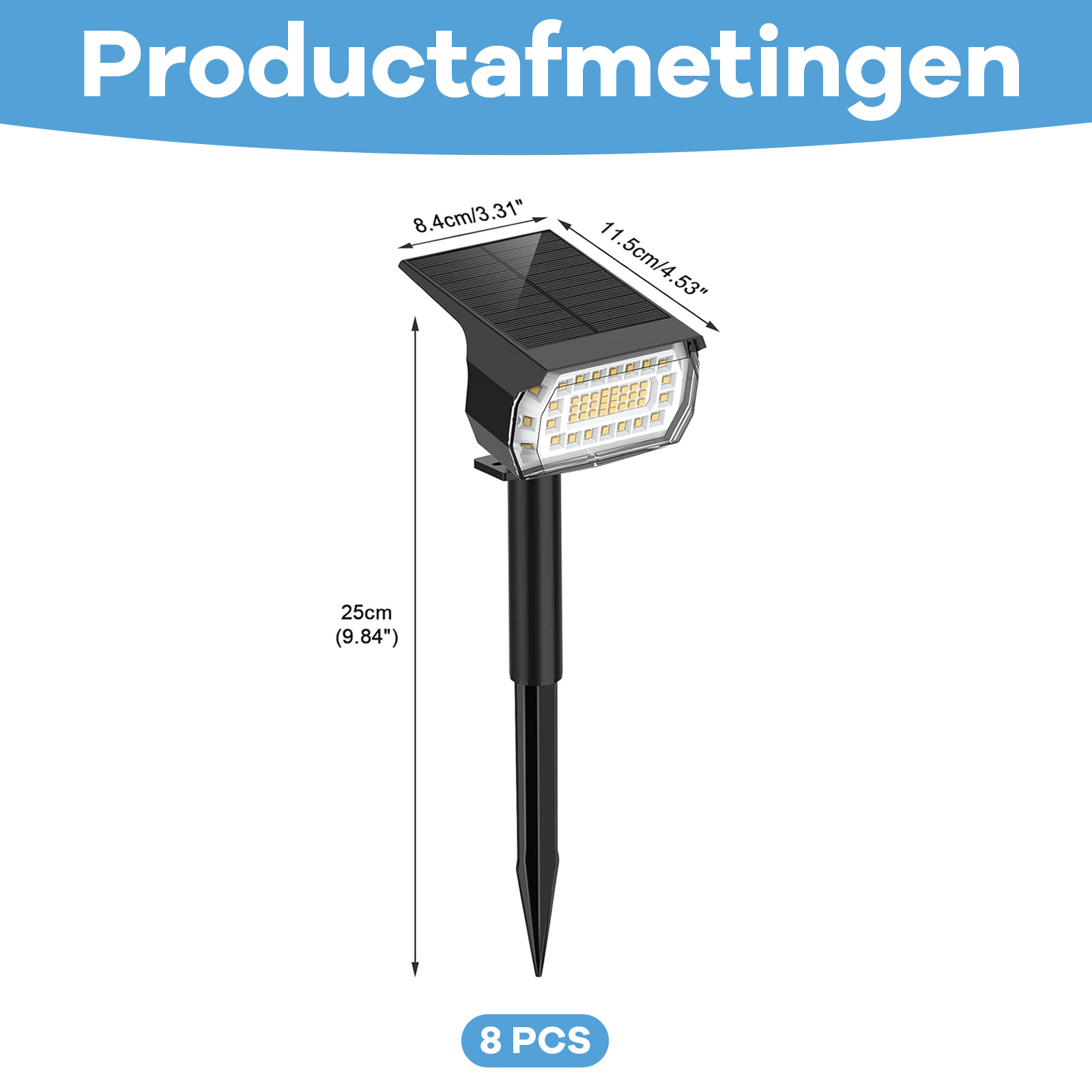 Diagramm einer Solarleuchte. Enthält Abmessungen des Lichts und der Stange. Mit Produktmaßen markiert.