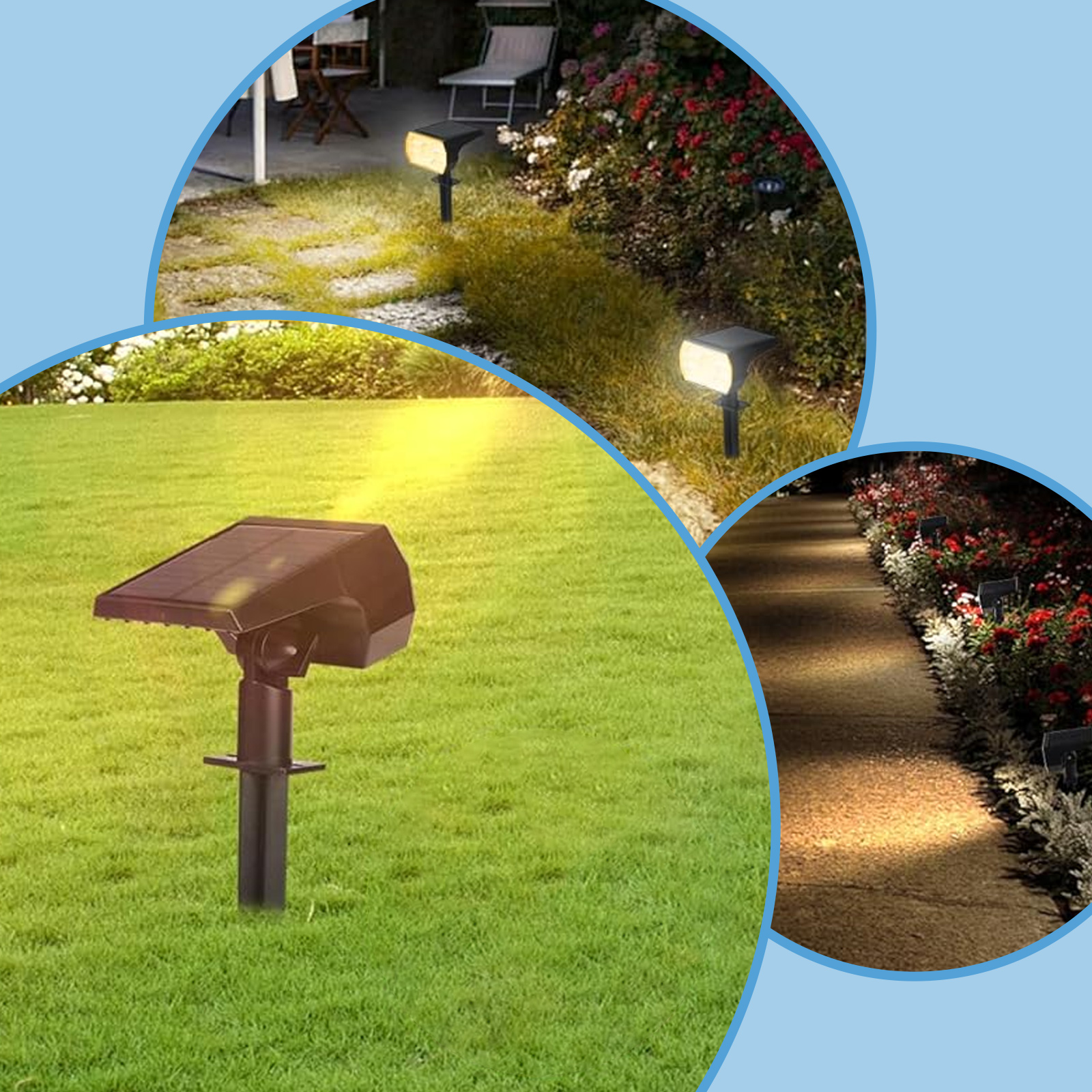 Solarbetriebene Lichter in einem grasbewachsenen Bereich. Zeigt die Lichter, die einen Weg und Garten beleuchten.