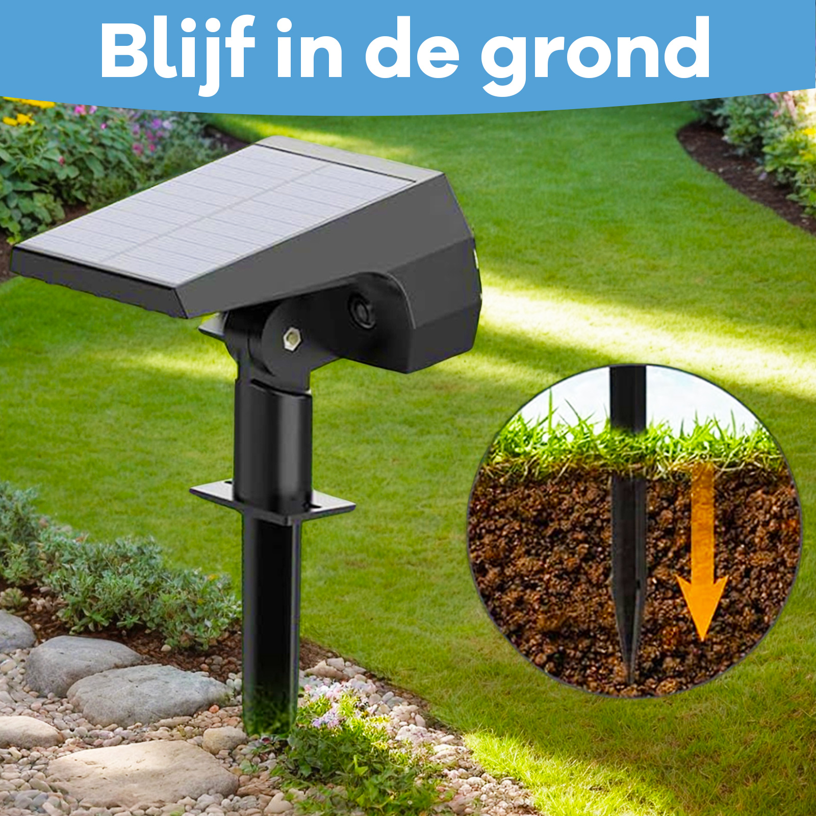 Schwarzes Solar-Gartenlicht im Gras, mit Installationsdiagramm. Text: Bleiben Sie im Boden.