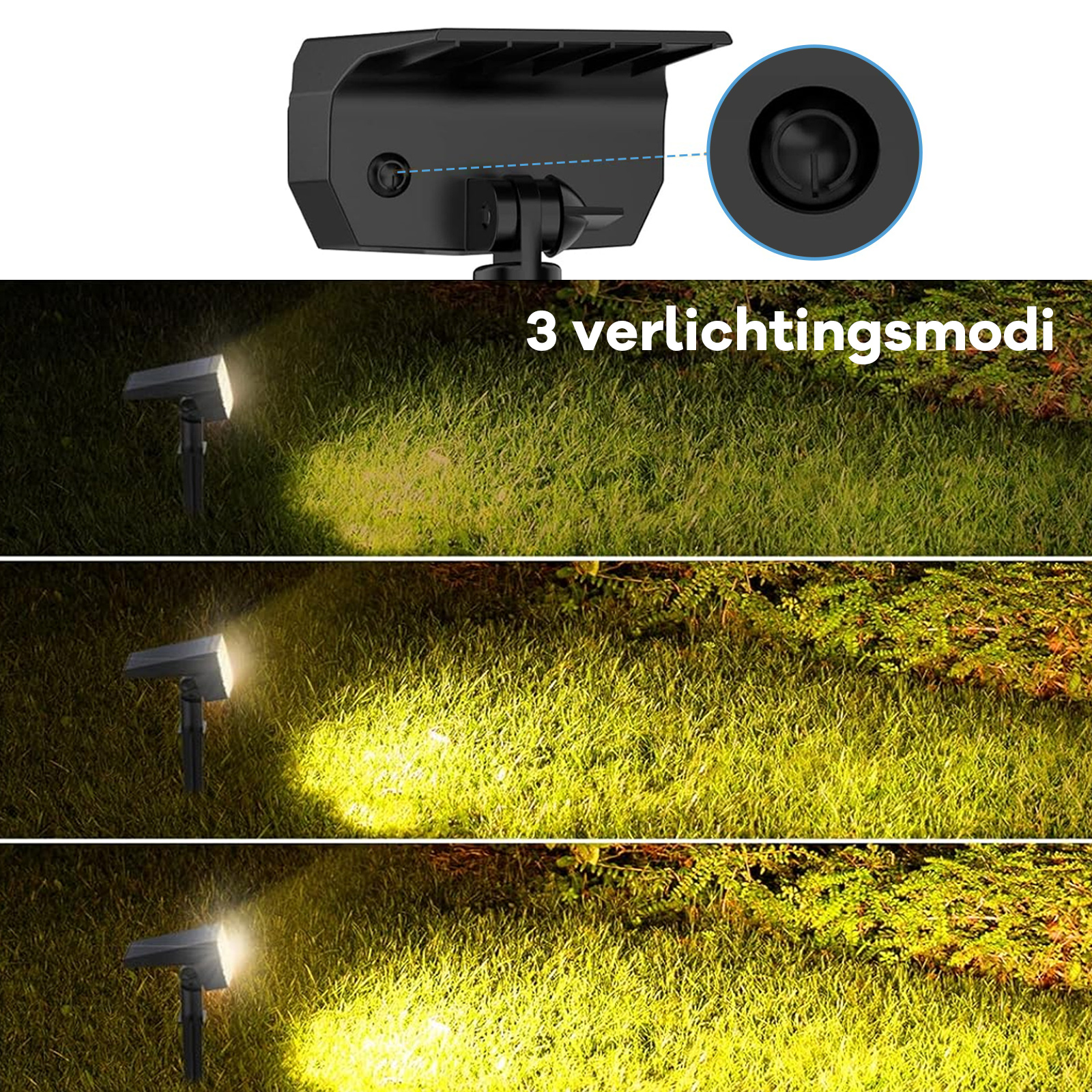 Solar-Scheinwerfer beleuchten Gras in drei Modi. Nahaufnahme der Leuchte. Text: 3 Beleuchtungsmodi.