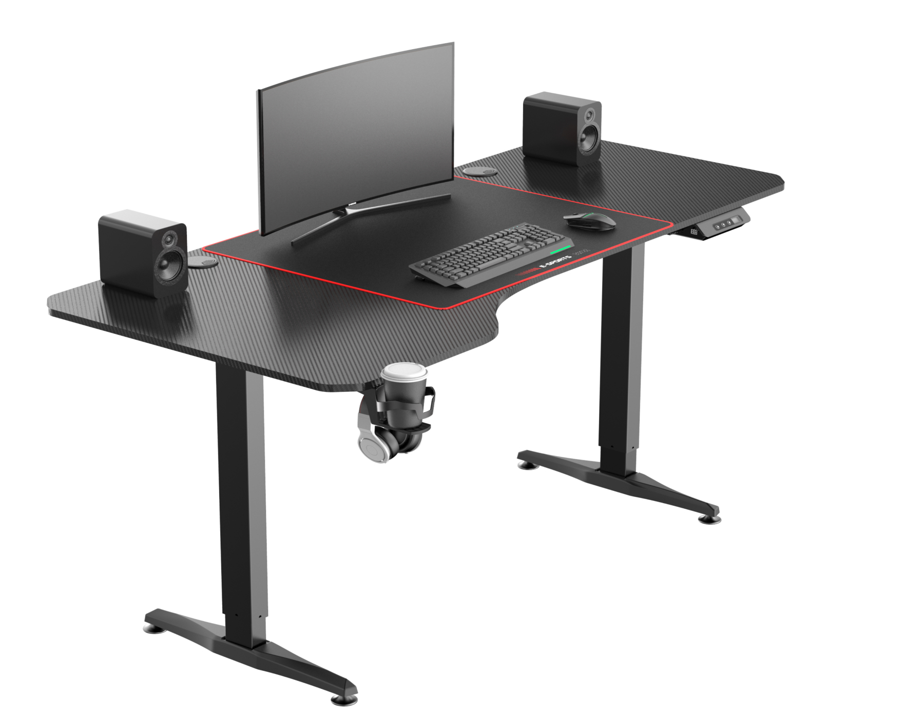 Gaming-Schreibtisch mit Monitor, Tastatur, Maus, Lautsprechern und Becherhalter. Weißer Hintergrund.