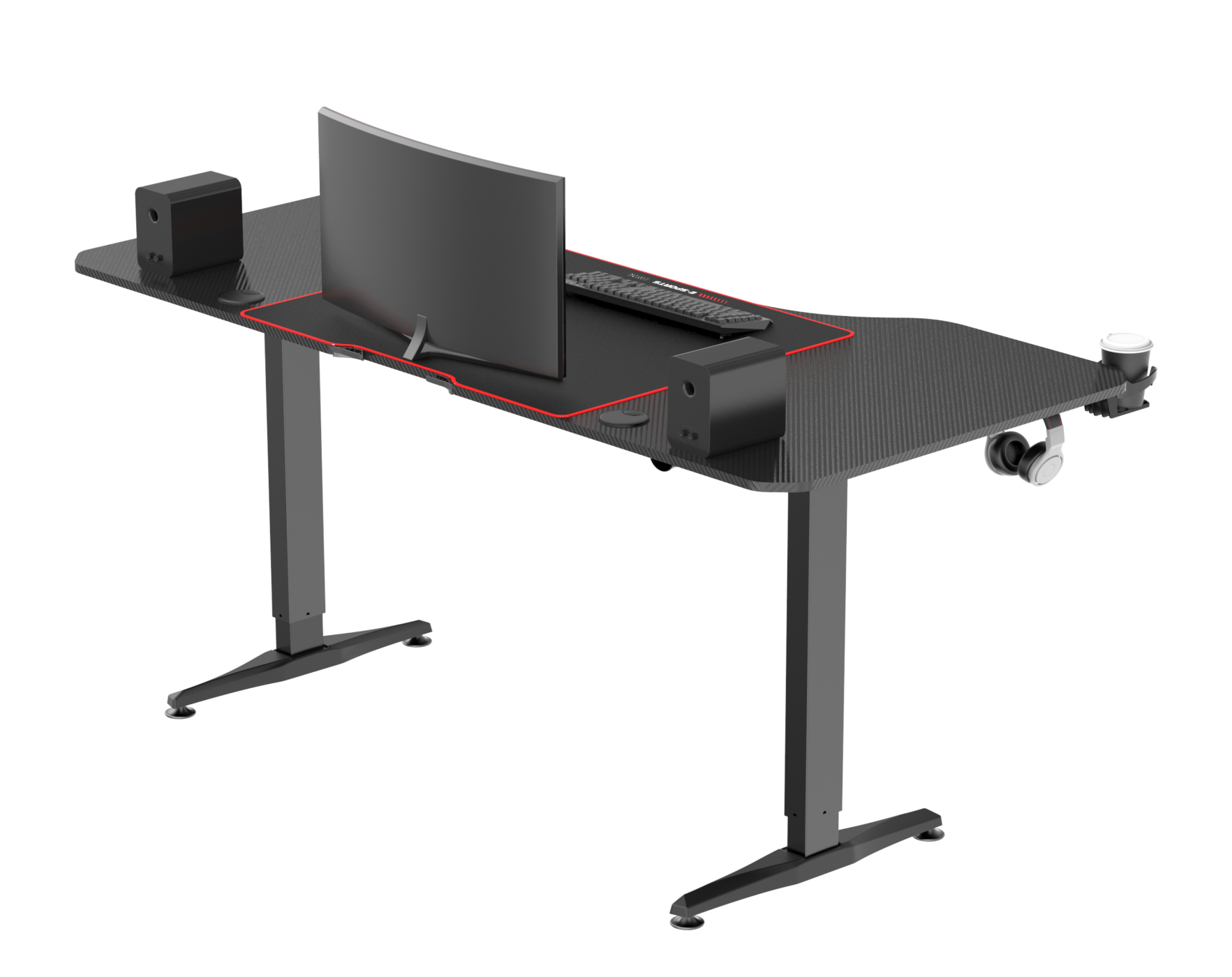 Schwarzer Gaming-Schreibtisch mit Monitor, Tastatur, Maus, Lautsprechern und Kopfhörern. Weißer Hintergrund.