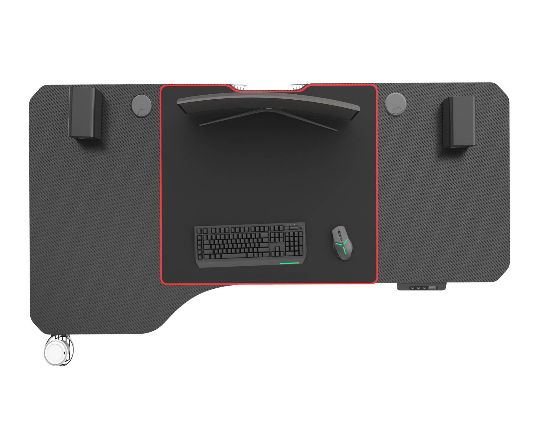 Draufsicht auf einen Gaming-Schreibtisch mit Monitor, Tastatur, Maus und Lautsprechern. Weißer Hintergrund.