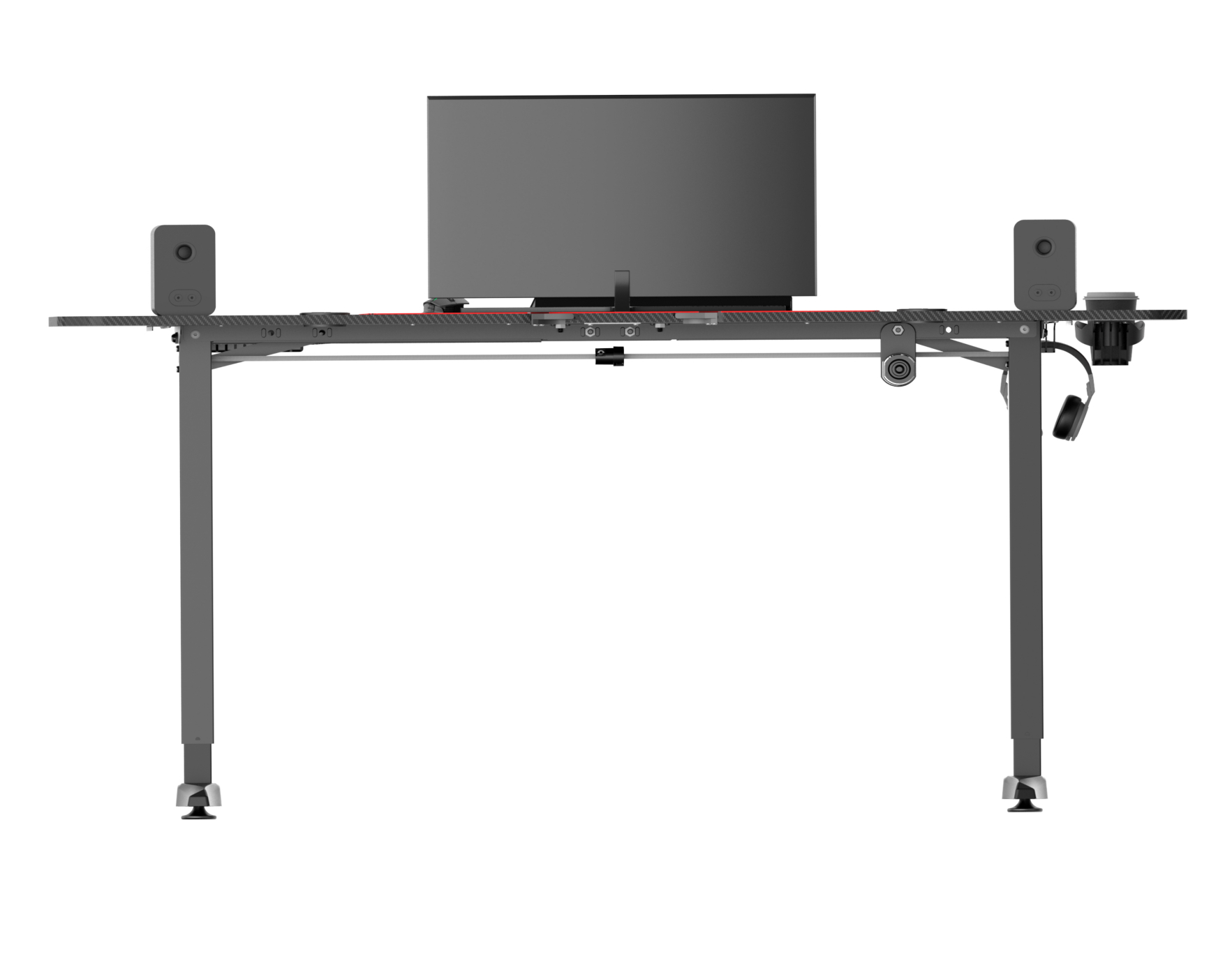 Gaming-Schreibtisch mit Monitor, Lautsprechern und Zubehör auf weißem Hintergrund.