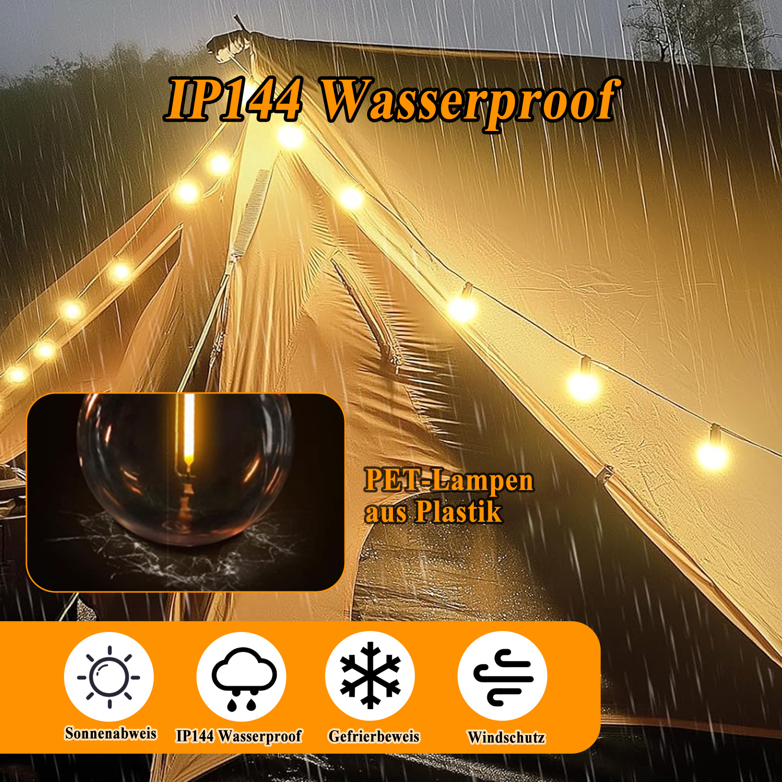 Lichterkette im Regen. Text zeigt 'IP144 Wasserdicht' und Symbole für Sonne, Regen, Schnee und Wind.