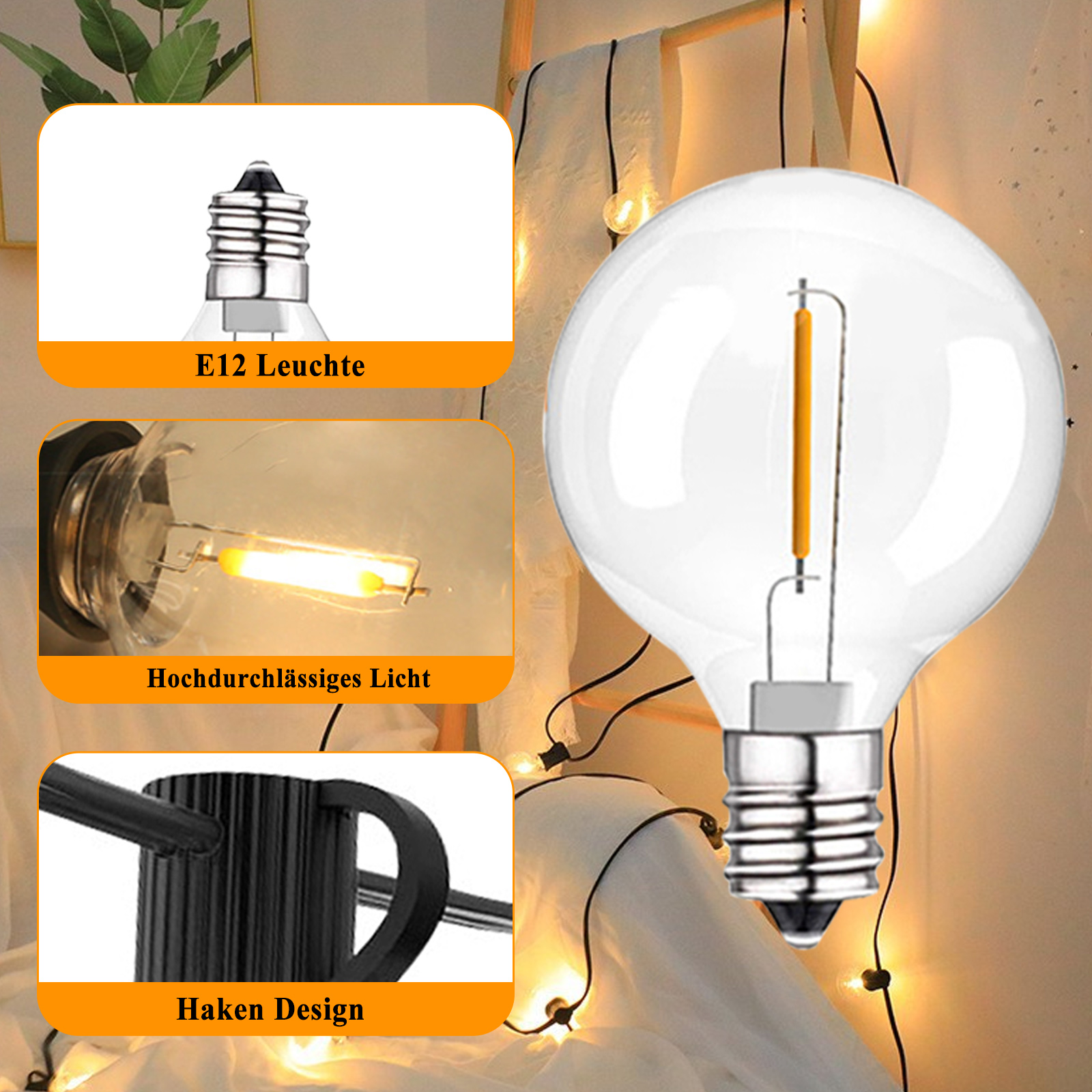 Nahaufnahme einer klaren Glühbirne mit Details. Text: E12 Licht, Hohe Lichtdurchlässigkeit, Hakendesign.