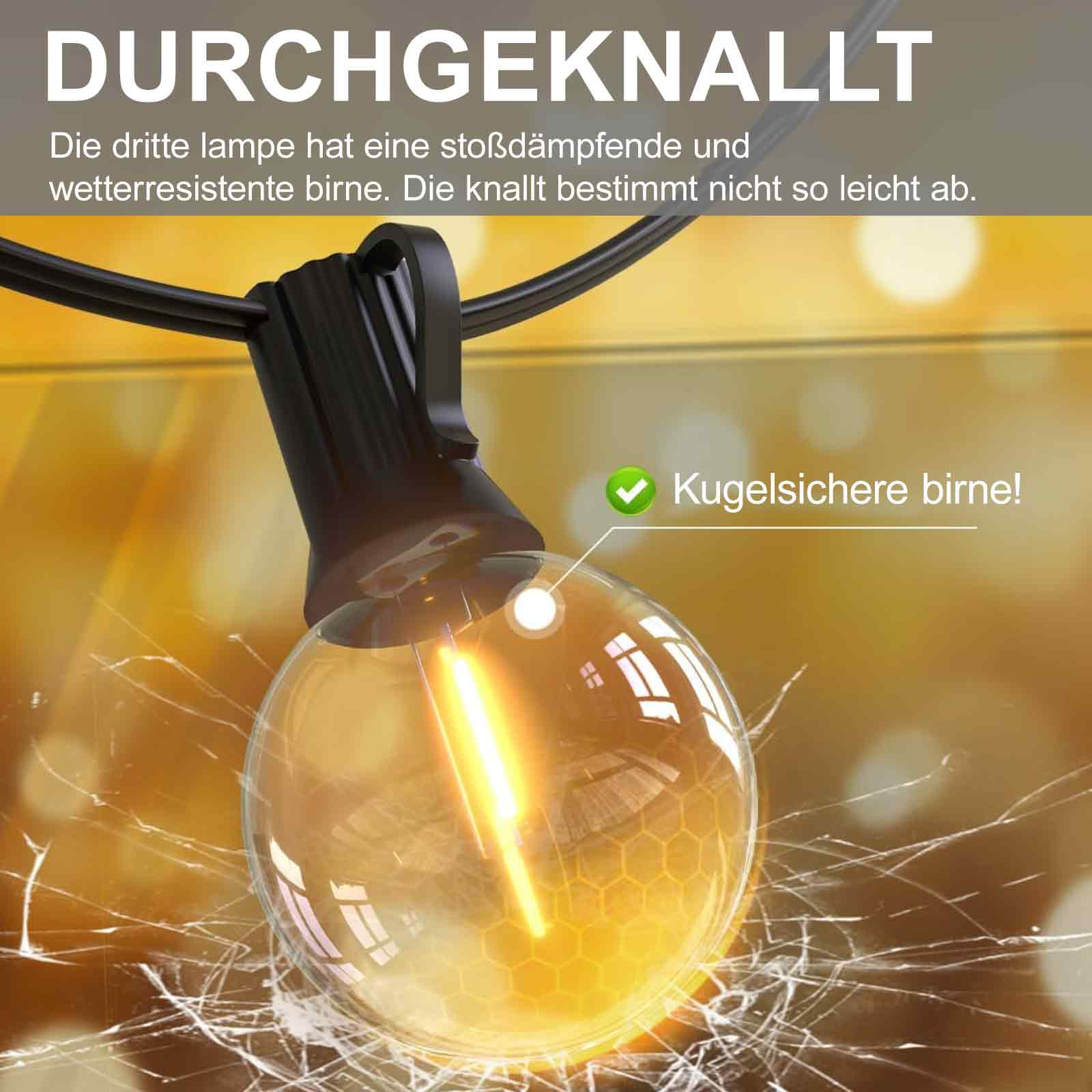 Nahaufnahme einer Glühbirne mit rissiger Oberfläche und dem deutschen Text 'DURCHGEKNALLT'.