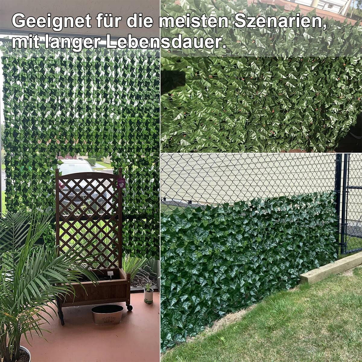 Mehrere Bilder mit grünen künstlichen Blätterschirmen in verschiedenen Umgebungen.