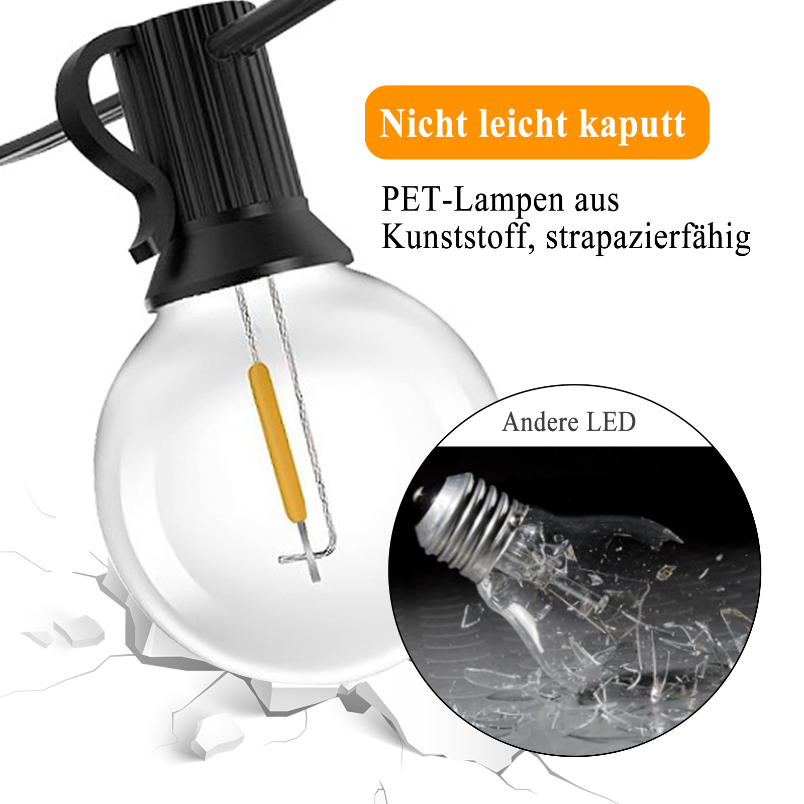Glühbirne, eine zerbrochen. Zeigt, dass PET-Lampe haltbar ist.