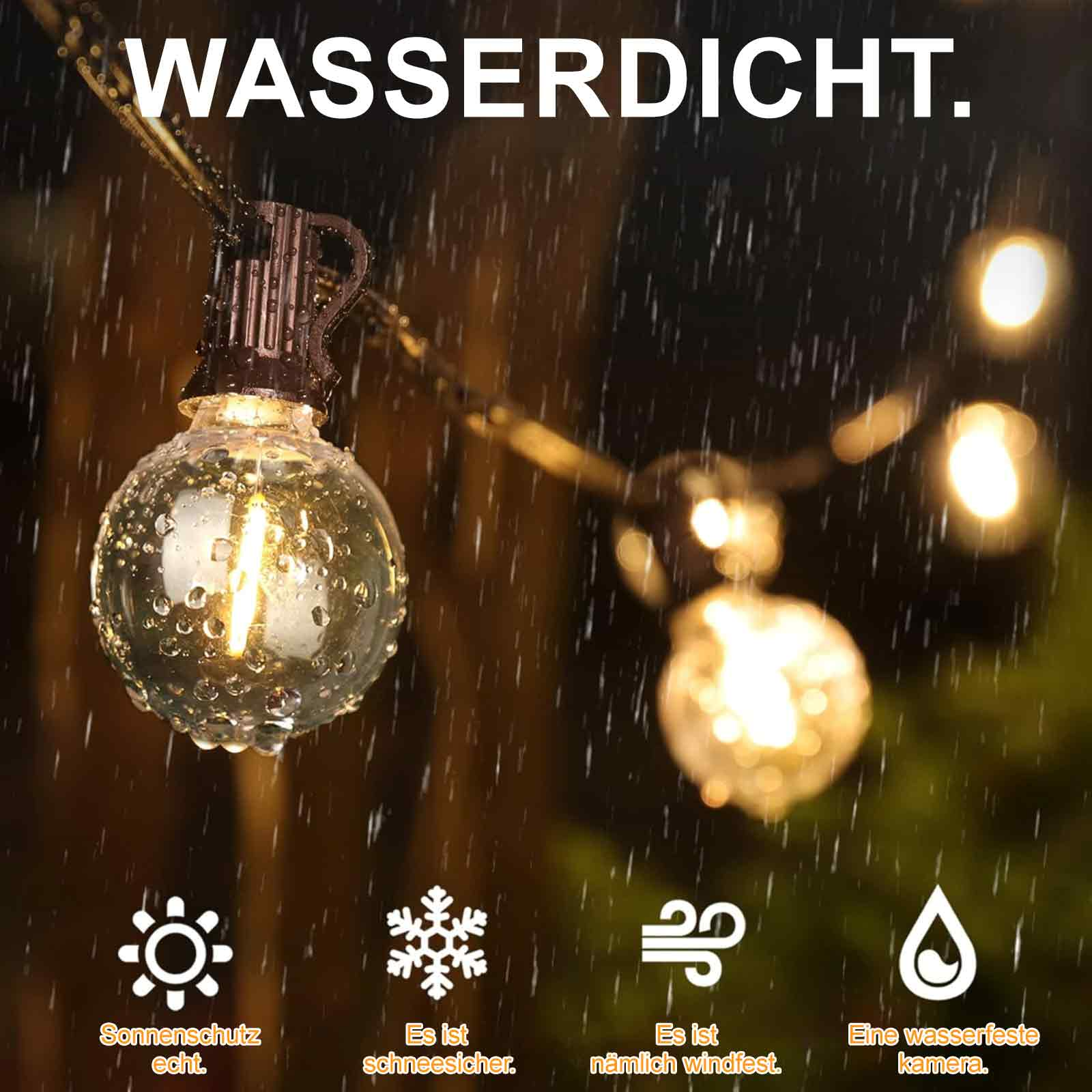 Nahaufnahme von Lichterketten im Regen, mit Symbolen für Sonnenschutz, Schnee, Wind und Wasser.