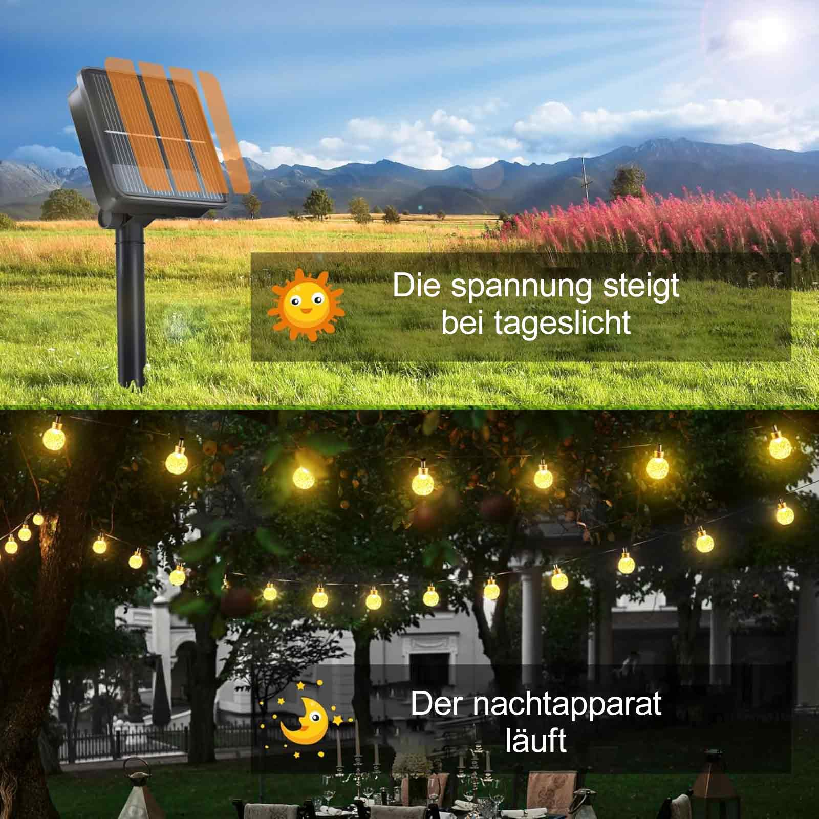 Solarleuchten auf einem Feld am Tag und leuchtende Lichter in der Nacht.