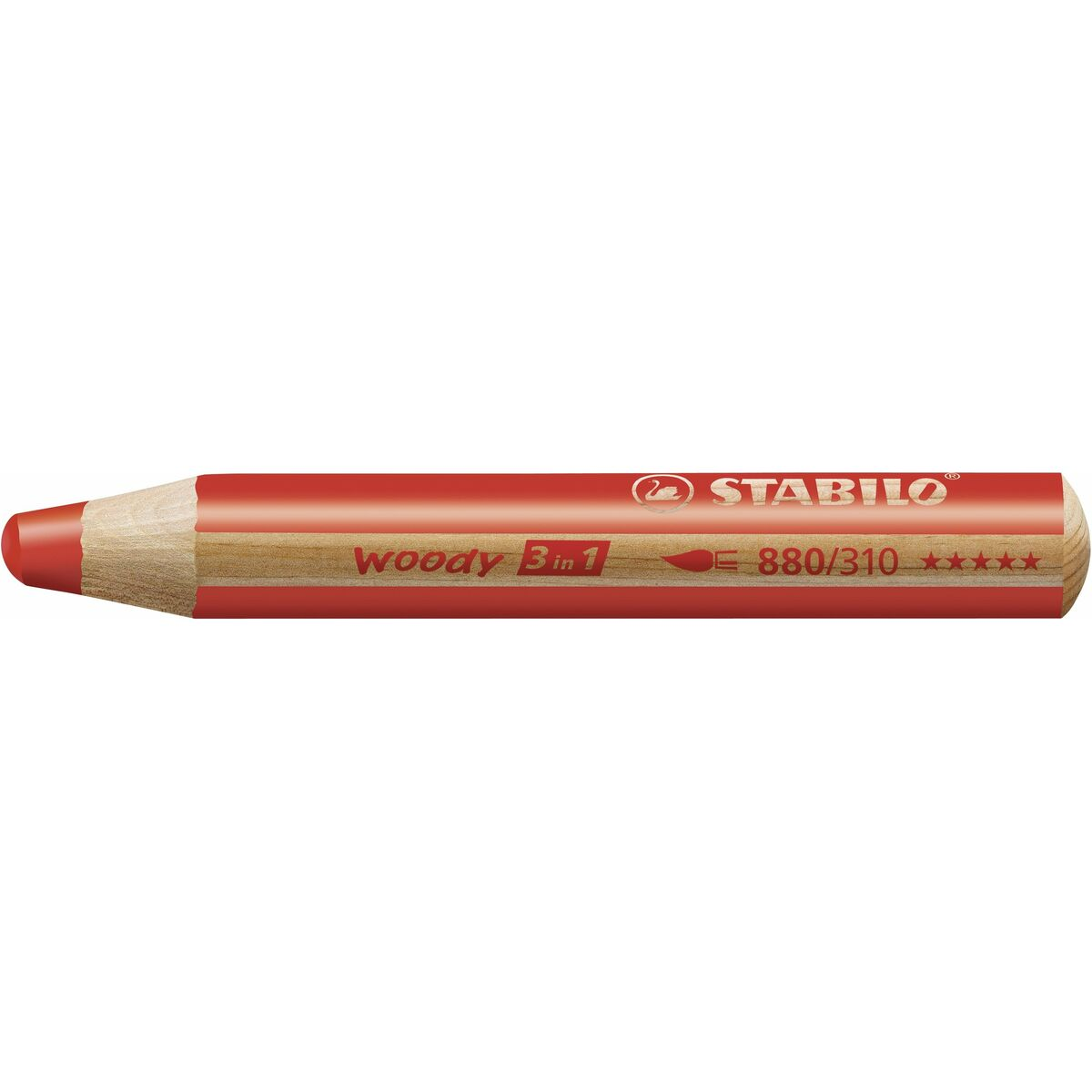 Ein einzelner rotfarbener Bleistift mit dem Markennamen 'Stabilo' auf der Seite.