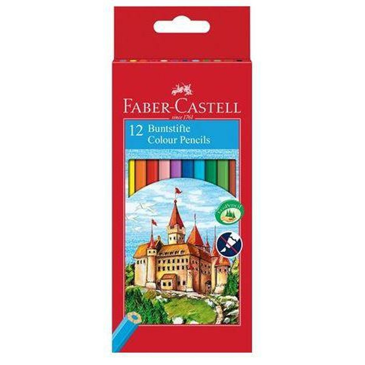 Eine Schachtel mit 12 Farbstiften und einer Schlossillustration auf der Vorderseite.