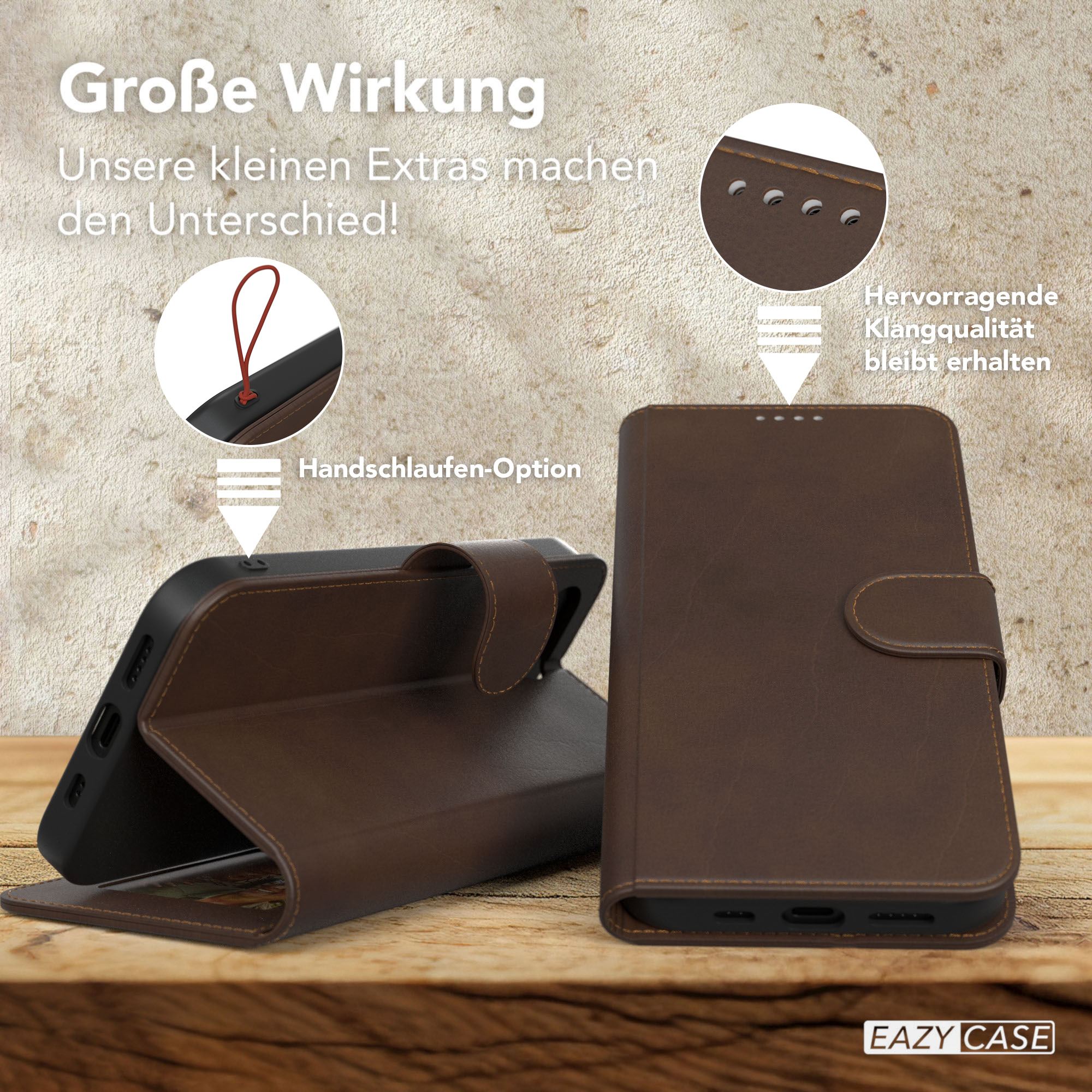 Geöffnete braune Handyhülle mit Telefon, Innenseite und roter Schlaufe.