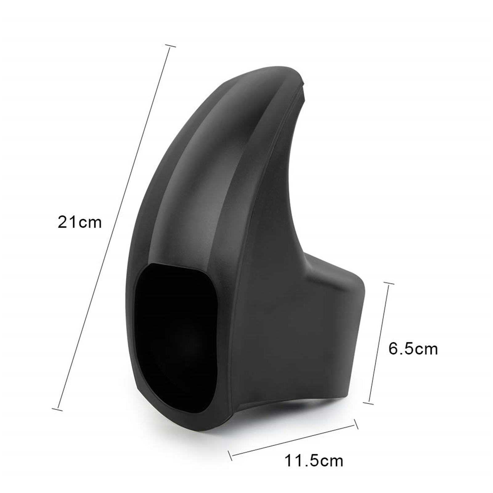 Schwarze Motorradverkleidung mit Abmessungen von 21 cm Höhe und 11,5 cm Breite.